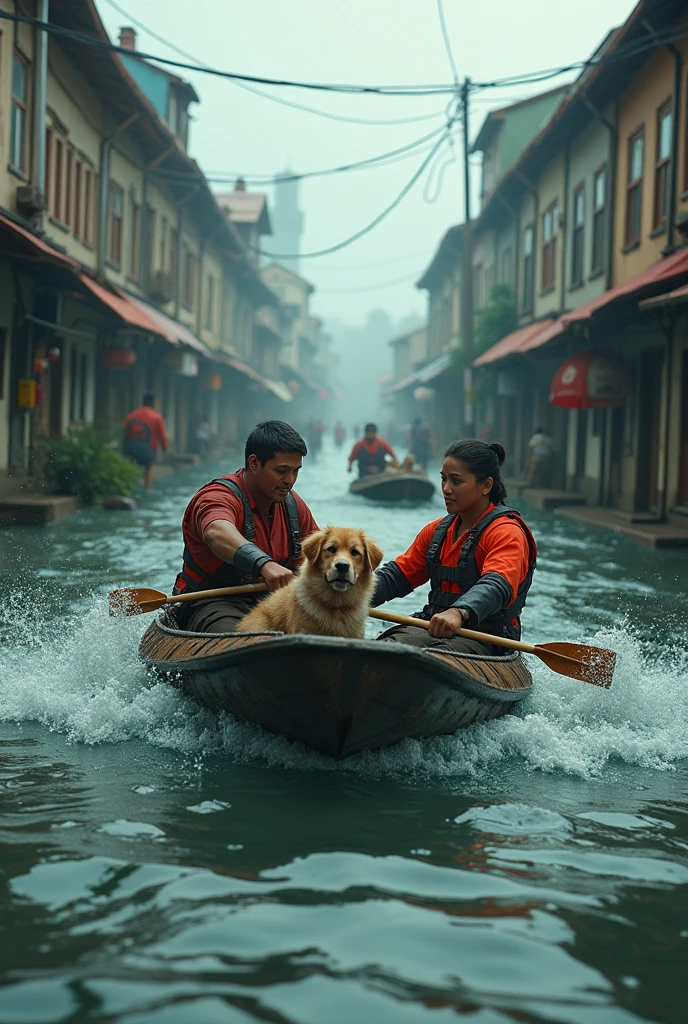The flooded village and children sat crying on boats, wearing life jackets and carrying dogs on their laps. The composition is clear and realistic behind it. There are villages where the water color is brown and the rain is clear. High Profile 150k