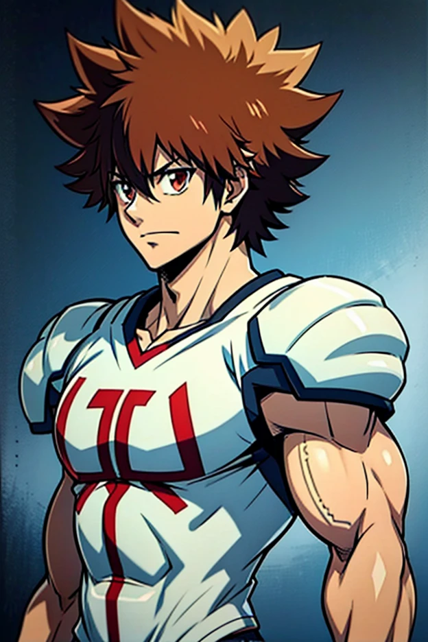 solo, 1boy, Tall, Handsome, Muscular, very masculine, broad shoulders, bare muscles, shredded muscles, wearing football uniform, Sawada Tsuna
