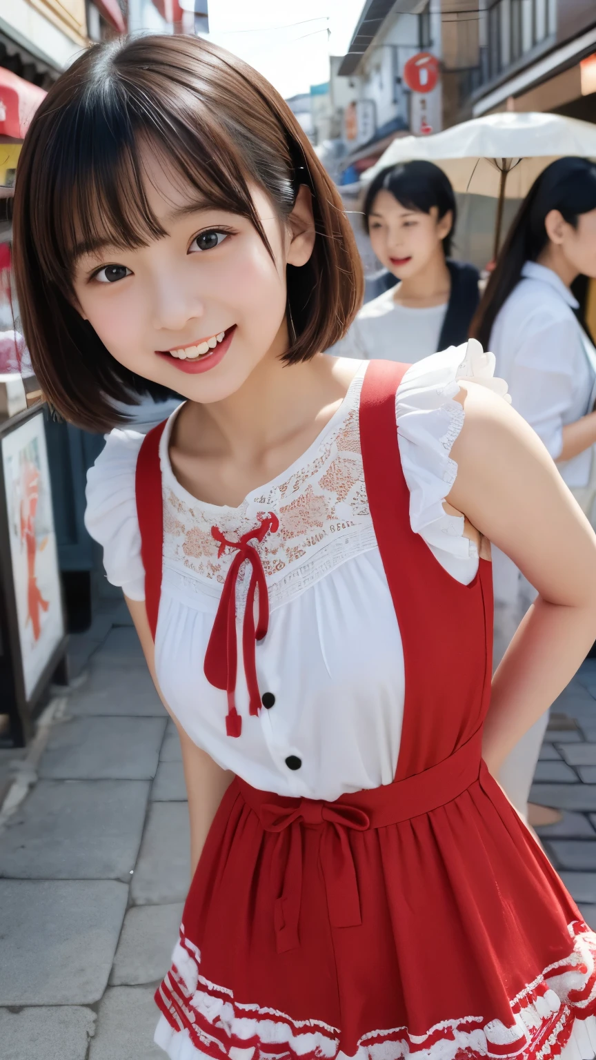 ((Top Quality)), ((masterpiece)), realistic images、Japanese Girl、 realistic image of the eye area 、Petite、 ish expression、、10age、bob hair、 black hair、 Slim、My bust isn't swollen、 ish expression、Real Face、Petite、ta fashion clothes、lace socks、Red Shoes、I'm walking looking at the shops in the hot spring district、Bustling shopping street、They make manju、Stores that sell souvenirs,I'm walking very happy、is laughing with their mouths open、is sticking out her tongue、