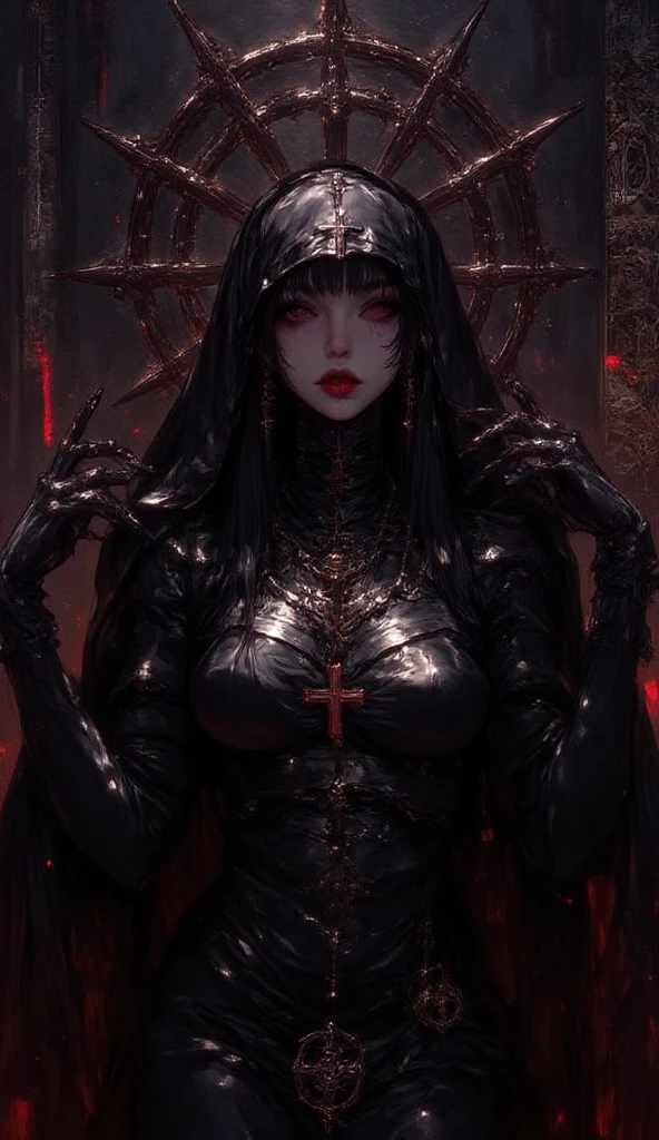 dark theme, gavial, chained_up, better_scar, 1girl, green hair, long hair, yellow eyes, pointy eyes, arms up, chain, bound, restrained, ((veins, burn scar, scar on nose)), ((blood, blood on clothes, blood on face)), (((torn clothes))), full body, ((solo)), <lora:Gavial-04:1>, <lora:chained_up:1>, <lora:绪å¿-修女头巾 coif:0.8>, <lora:LowRA:0.5> <lora:better_scar-10:0.8>, (sad, depressed:1.1), (disgusting, horrifying, masterful, mysterious:1.3)