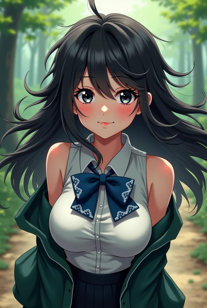 (masterpiece), 1girl, solo, standing in a forest, leaning forward, horny face, looking at viewer, kagome higurashi, front, big breasts, front, cleavage