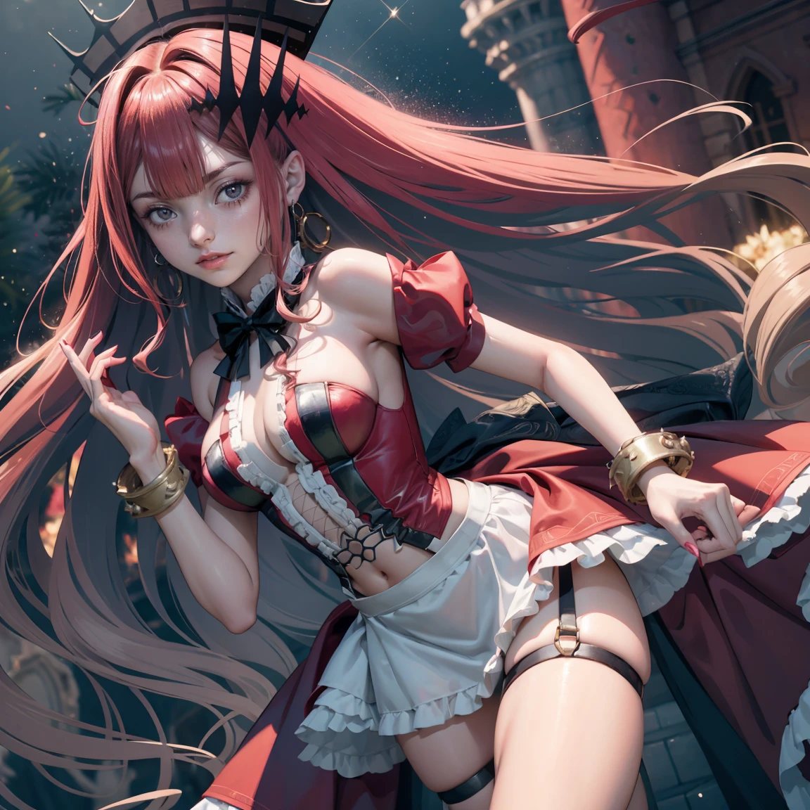 ((best quality)), ((masterpiece)), (detailed), 1girl, NSFW, small breasts, prominent collarbones, skinny arms, flat stomach, visible hip bones, long hair, red hair, white hair, blonde hair, dark hair, ponytail, thick ponytail, heavy ponytail, red and white clothing, Bloodborne inspired, occult aesthetic, occult, detailed and intricate steampunk and detailed gothic, NSFW Fluttering lace frilly petticoats, pleated petticoats