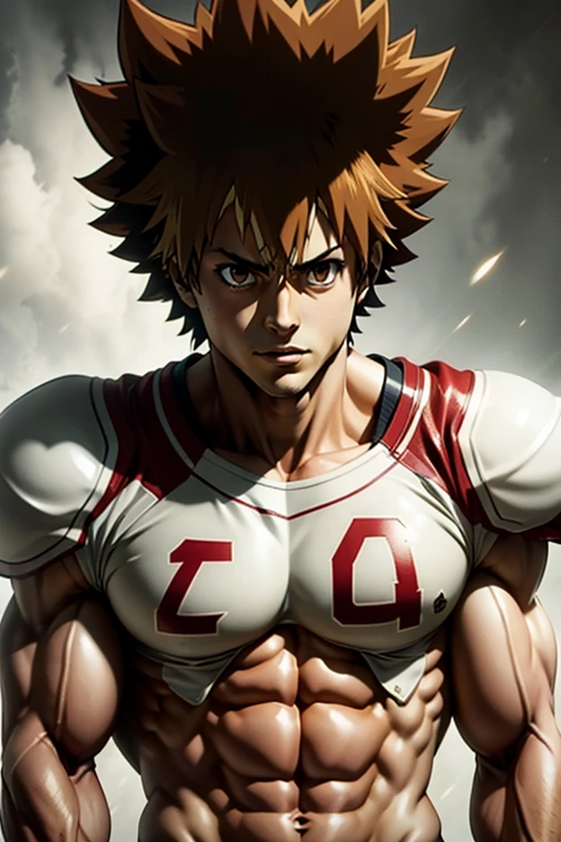 solo, 1boy, Tall, Handsome, Muscular, very masculine, broad shoulders, bare muscles, shredded muscles, wearing football uniform, Sawada Tsuna