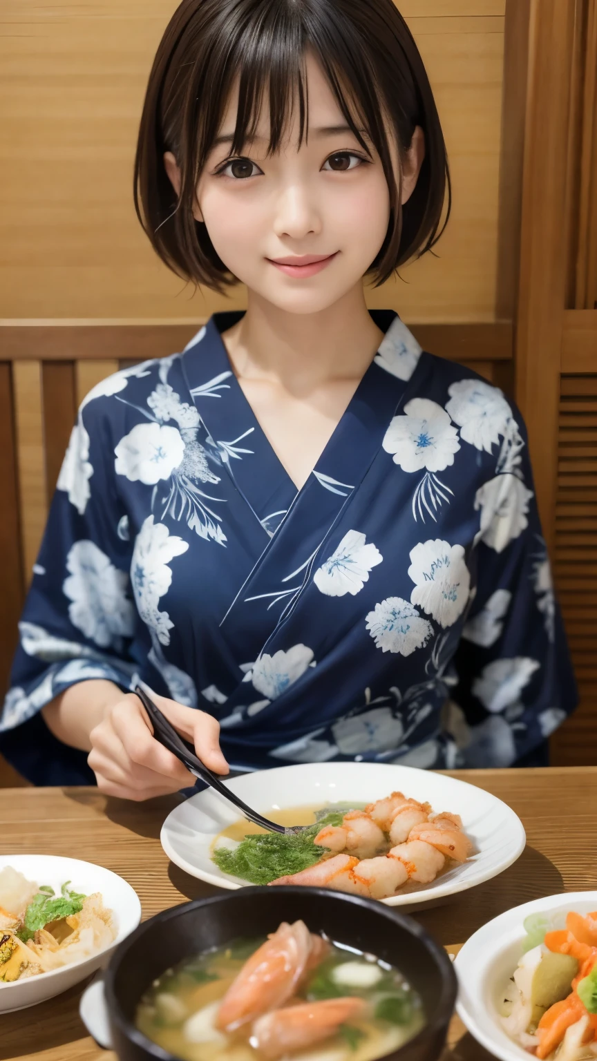 ((Top Quality)), ((masterpiece)), realistic images、Japanese Girl、 realistic image of the eye area 、petites、 ish expression、、10age、bob hair、 black hair、 slim、 ish expression、Real Face、petites、My bust isn't swollen、Yukata、My bust isn't swollen、The bust is not developing、 body type。温泉旅館のYukata、Ryokan cafeteria 、is eating、Fried shrimp、Fish sashimi 、 cake、Soups are lined up on the table、 looks very happy、squint、There are a lot of dishes on the table、