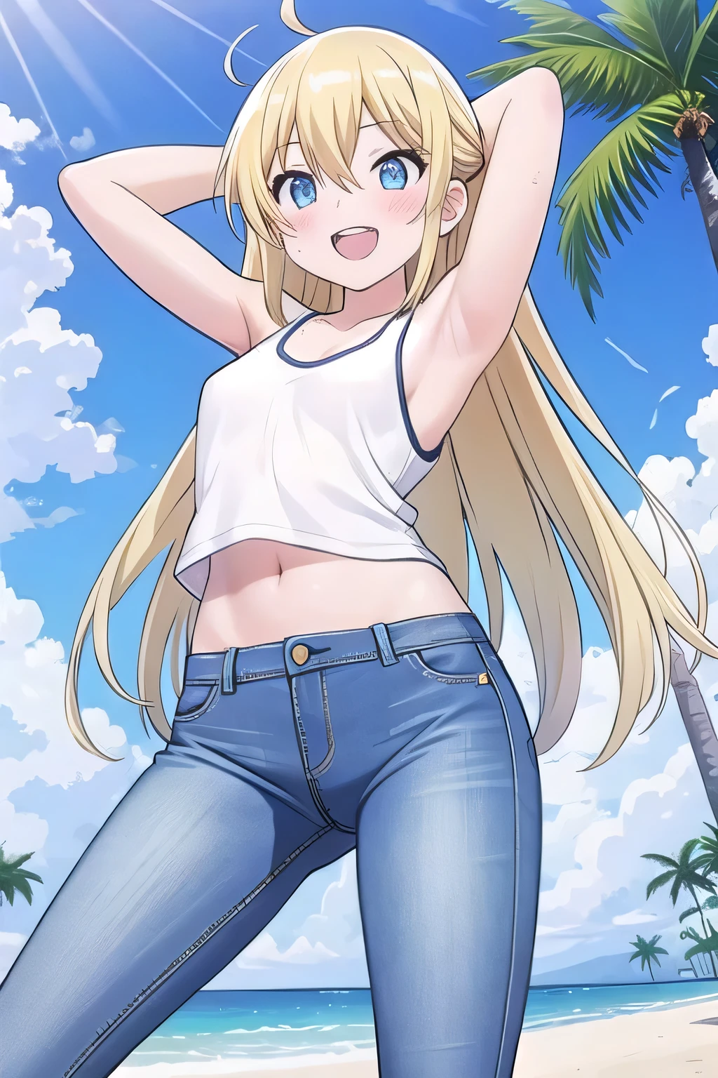 masterpiece,best quality,ultra detail, ((Perfect Face, Perfect Arms, Perfect hands, Perfect Fingers)), 1girl, , peti ((round face, ecstasy, orgasm face, drooping eyes, shame smiling, blush)), dropping eyes, sleepy, Open mouth, ((White teeth)), background((under the beach, (day:1.2), palm tree, bright sky)), miku hatsune, ahoge, aqua eyes, (blonde hair:1.4), crossed bangs, hair between eyes, hair ornament, (long hair:1.4), (messy hair:1.7), ((arms behind head, hands behind head, fingers behind head)), ((contrapposto)), spread armpits, looking at viewer,, (white tank top:1.2), (white crop top:1.2), (jeans pants:1.2, flares jeans:1.2, skinny jeans:1.2, blue jeans:1.2), standing, (legs spread:1.4), sex pose, Sweaty crotch, Steam from the crotch, from below, whole body
