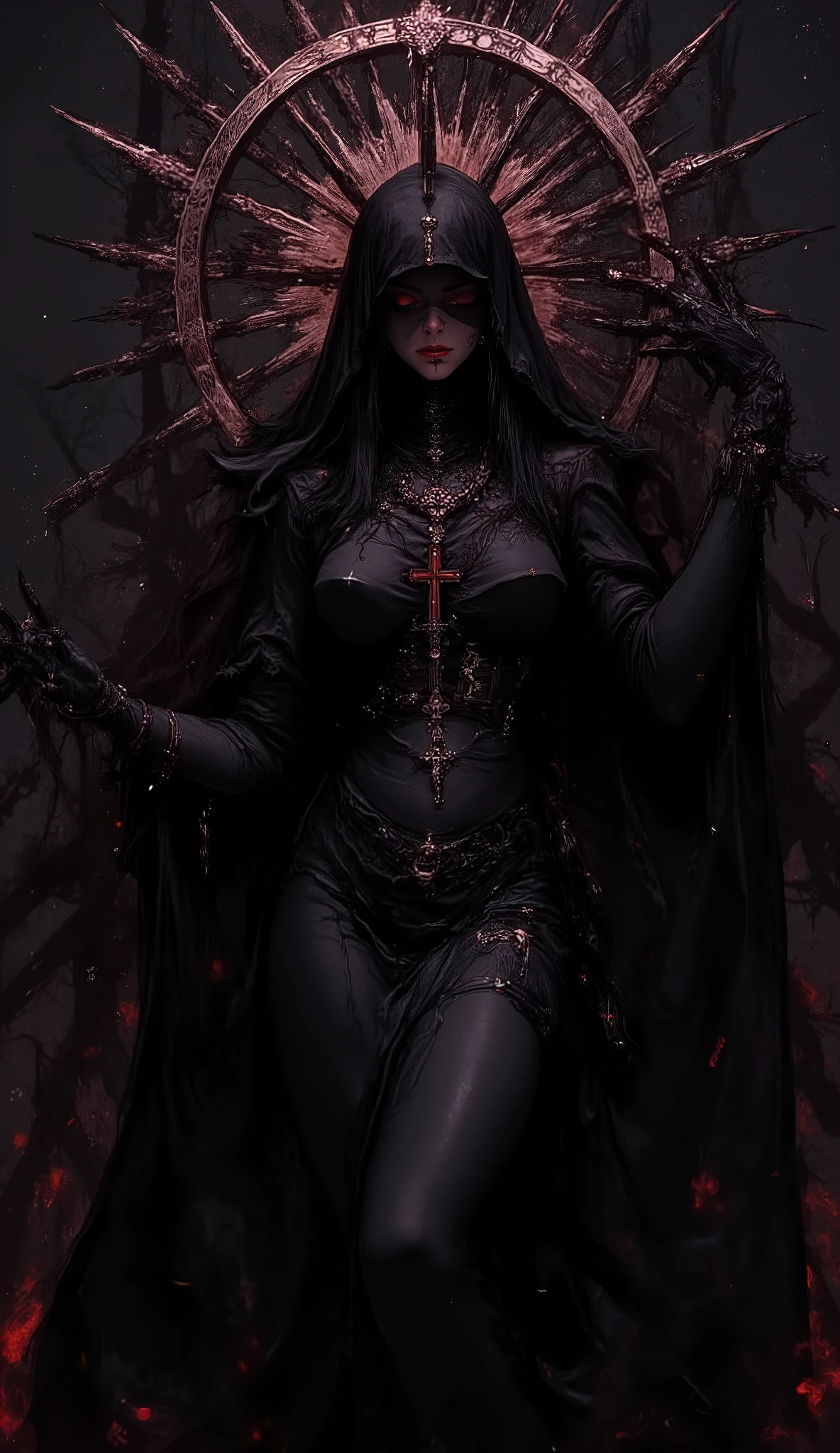 (high quality, 8k, 4K, High detail, High Contrast, masterpiece:1.2, 最high quality, Best aesthetics), ((Black female grim reaper:1.1)), Dark Color Palette, Black Death, Insufficient lighting, Devil&#39;s Drug, Magic circle and tapestry hanging on the wall, Summoned Grim Reaper, Long black hair, (Black Robe, Sheer dress), black magic, ((Alluring sexiness and elegance)), Overflowing energy, Black Death:1.2, Impressive fantasy art, Random Pause, Dutch Angle, simple solid dark-color background, Ultra-fine Illustration.