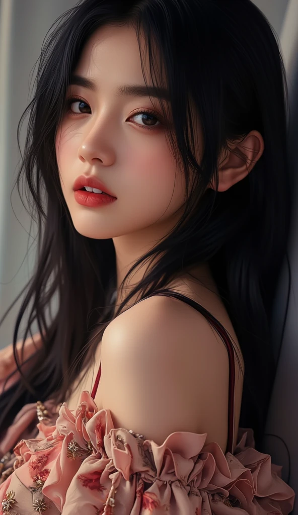 1 female, 18 years old, close up upper-body portrait, Black hair, Flowing hair, Hazy beauty, with extremely beautiful facial features, Red dress, , , (spring,terraces, ), Simple vector art, , Soft light, Layered Forms, looking-down