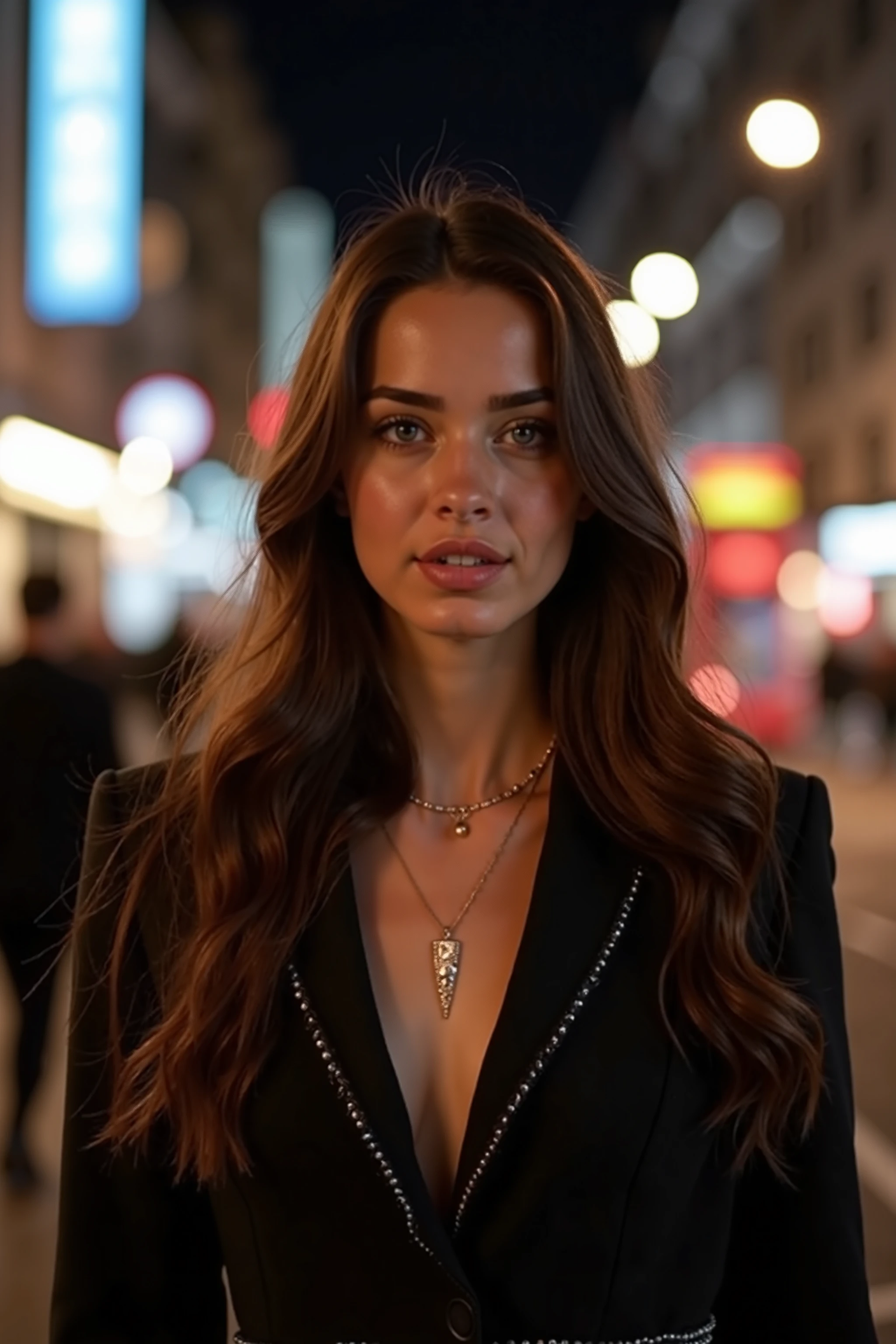 brown hair, brownhair, glowing hair, Detailed hair, Messy hair, Blue Eyes, beautiful eyes, extremely detailed eyes and face, Beautiful detailed eyes, Ultra-detailed, light on the face, Fair skin, a 26 year old woman hyper realistic, Swedish female model walks down a busy city street in a dress., Fashion model ratio, sunglasses that shed tears, digital art, In Paris, standing in paris, Street photography in 4x5 style, Street Photography, street photography style, Filmed with Hasselblad, Filmed in Hasselblad, ((Anamorphic lenses)), (lens flares), chanel advertising, In Times Square, Street Photography, Street Photography, kodak 400tx, mesmerizing, ((Black and white photos)), (Big stature)