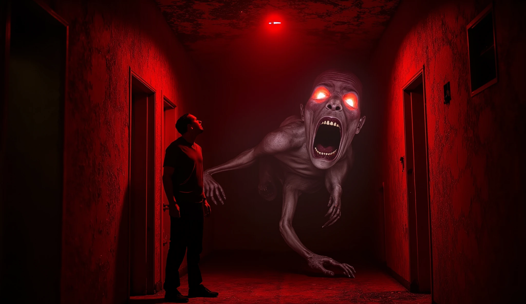 "A terrified security guard trapped in a dimly lit hallway, staring in horror as grotesque, screaming faces emerge from the cracked, rotting walls. A monstrous shadow with glowing, hollow eyes stretches toward him, its twisted limbs merging with the structure. The scene is bathed in eerie red and black lighting, creating an overwhelming sense of dread."