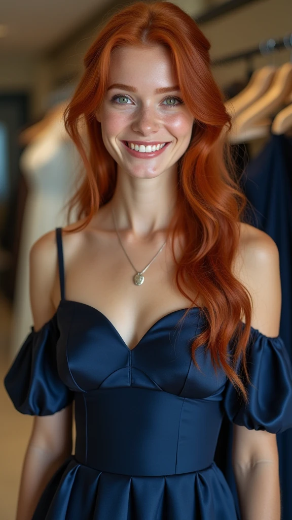 The young woman of Russian origin, with bright red hair and intense blue eyes, looks stunning in a stylish airport. She wears a sophisticated white dress, that enhances your defined figure and refined style. The dress is fluid and elegant, with a perfect fit that adds a touch of glamour to your look.

She is adorned with a sparkling diamond necklace, that shines under the airport lighting and complements your look with a touch of luxury and sophistication. Your wrist displays a sophisticated watch, a high-end accessory that further enhances your exquisite style.

Her red hair is loose and flowing, moved smoothly through the air, Creating a sense of movement and freedom. She smiles broadly at the camera, your radiant and genuine smile conveys confidence and joy.

The airport environment is modern and elegant, with contemporary decor and a background that can include sophisticated design details, such as glass and metal finishes, and ambient lights that highlight your presence.

The combination of the white dress, the diamond necklace, the sophisticated watch and charming smile create an image of glamour and sophistication, highlighting the influencer as a prominent figure in a sophisticated and cosmopolitan setting.