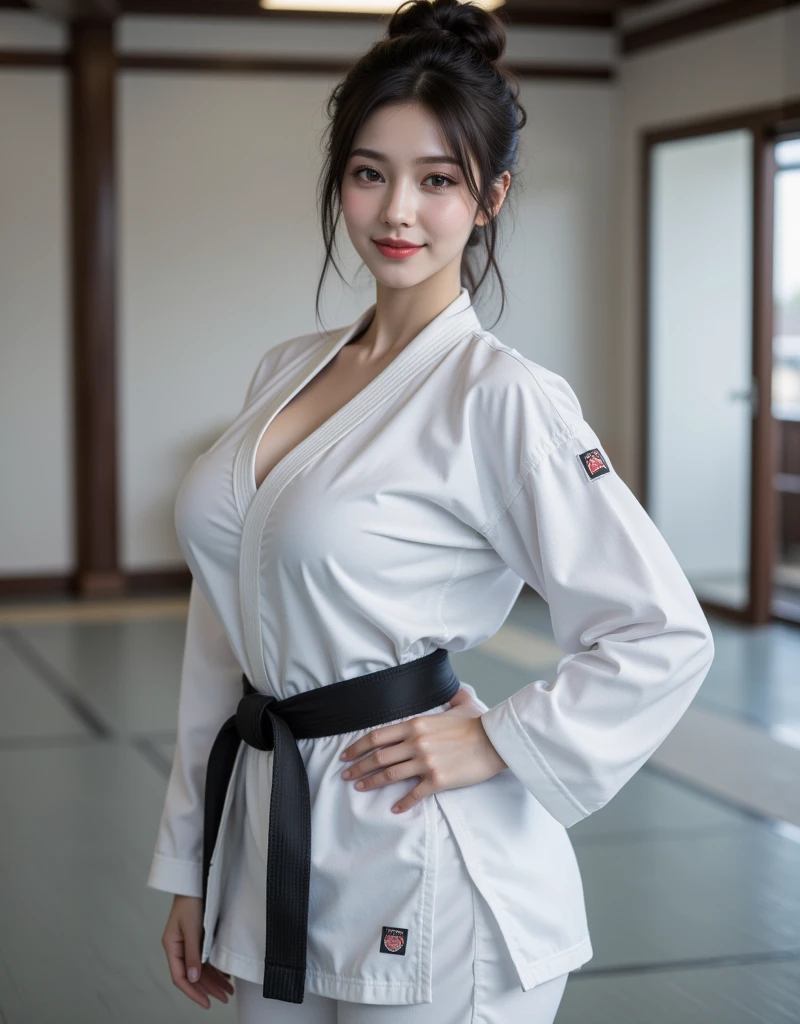((((highest quality))))、(((Ultra-precision CG16K wallpaper)))、(((masterpiece)))、(((Super detailed)))、(((super extreme details)))、1people's women、mature woman、25 year old woman、((Japanese face))、((very beautiful face))、((NHK announcer、Yurika Kawaguchi:1.5))、((straight semi-long hair:1.3))、(shiny hair)、bangs up to eyebrows、beautiful brown hair、beautiful delicate eyes、brown eyes、C-shaped eyebrows、high nose、small nostrils、small mouth、seductive lips、mouth slightly open、beautiful breasts、C cup size breasts、cleavage、plump body、perfect proportions、perfect anatomy、perfect composition、beautiful detailed shading、beautiful natural lighting、beautiful detail glow、Depth of bounds written、(((High chroma)))、(((real:1.9)))、((vivid:1.4))、((beautiful skin))、((skin texture))、((realな皮膚感))、(((cowboy shot:1.5)))、((Angle seen from the front:1.5))、((smile:1.4))、(Eyes looking at me:1.5)、bright sunshine、(((Budokan:1.3)))、(standing pose:1.5)、(((martial artist costume:1.5)))、