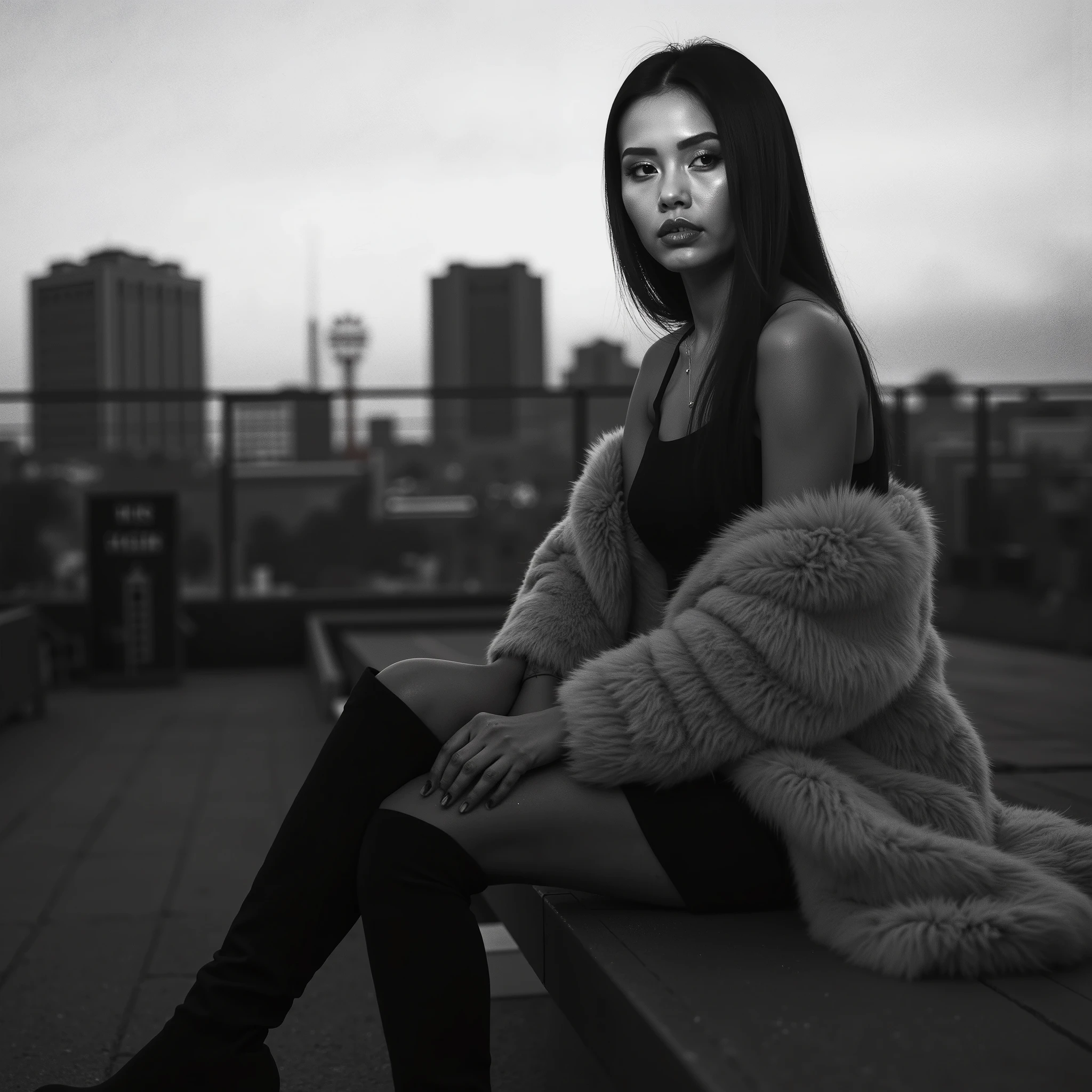 Create a professional black and white photographic shot of a beautiful woman with long, straight, dark brown hair flowing naturally. She has delicate facial features, with expressive eyes, a straight nose, and full lips. Her skin is fair, glowing under the warm monochrome lighting. She is wearing a black off-the-shoulder dress that hugs her slender figure, paired with knee-high black leather boots. Draped over her arms is a light gray faux fur coat, adding a touch of sophistication. The setting is an urban rooftop at dusk, with a city skyline, tall buildings, and a tower in the background. The sky is captured in soft gradients, giving the scene a timeless feel. She poses confidently, sitting with one leg bent and the other extended, her head slightly tilted, and her gaze intense and mysterious. The backlighting highlights her hair and the fur texture, while the background remains subtly blurred, creating a cinematic depth of field. The ambiance is modern, stylish, and cosmopolitan.