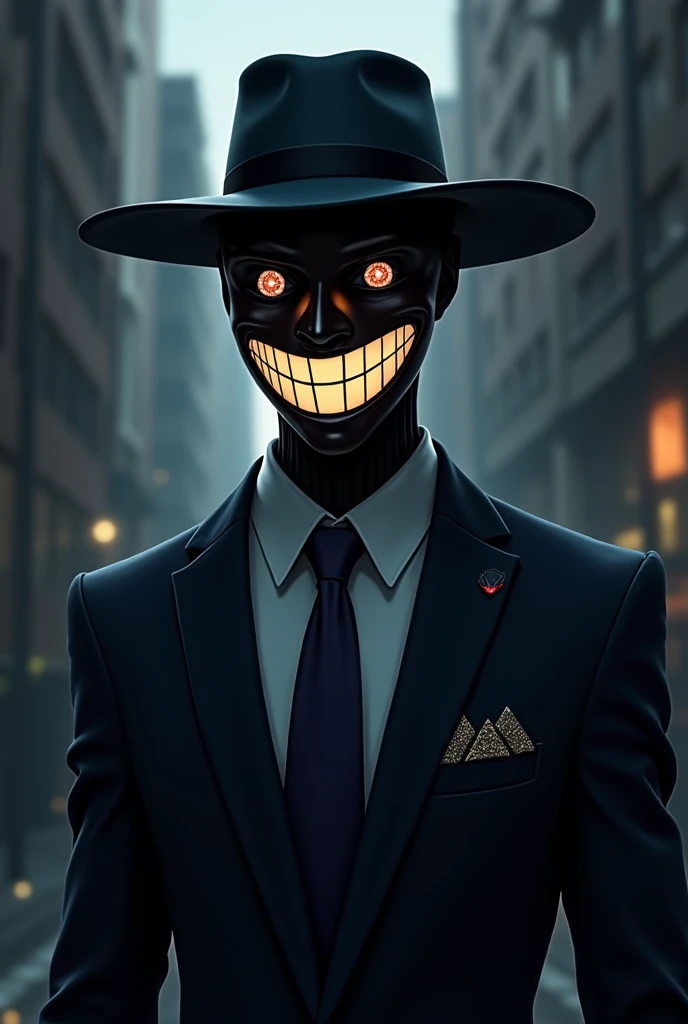 Red-eyed robot, giant arms made from scrap metal, human face, evil smile, wearing a brown overcoat, wearing a brown detective hat, inside a dark alley