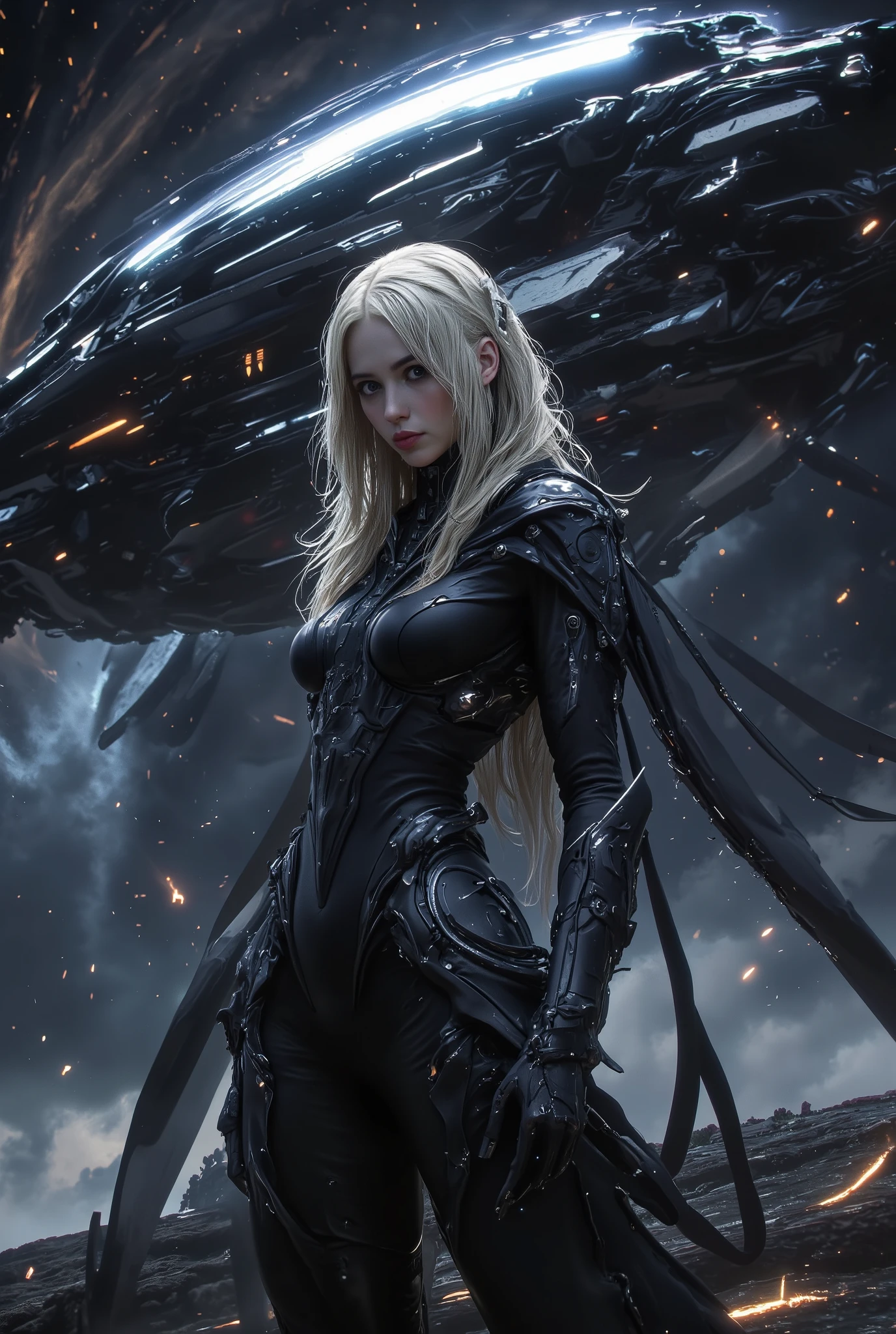 a woman with golden white hair, beautiful detailed eyes, beautiful detailed lips, extremely detailed face, long eyelashes, wearing a matte black space suit, standing in front of a space battleship in a galaxy, (best quality,4k,8k,highres,masterpiece:1.2),ultra-detailed,(realistic,photorealistic,photo-realistic:1.37),concept art,sci-fi,cinematic lighting,dramatic colors,vivid colors