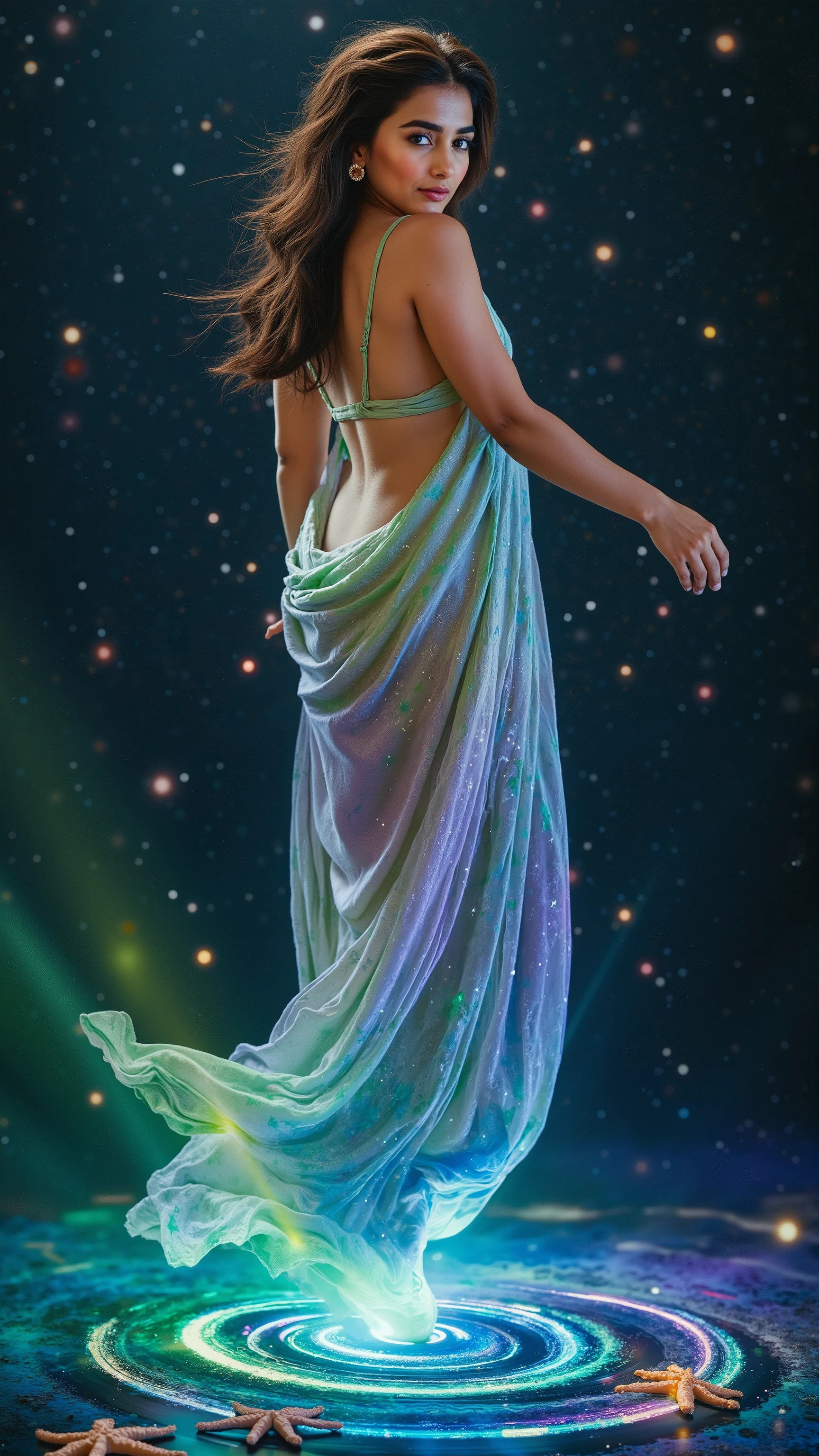 A mesmerizing woman floats weightlessly above an ocean of stars, draped in flowing silk that glows like the Northern Lights, shifting between ethereal greens, purples, and blues. Her delicate movements send ripples of color cascading through the void, as if she is painting the cosmos with every motion. Her long hair, infused with cosmic dust, blends into the fabric, creating a seamless fusion of human and universe. Below her, swirling galaxies reflect in the celestial waters, while luminous starfish hover around her fingertips. The words ‘AI INDIE’ glow faintly in the aurora-like mist swirling at her feet