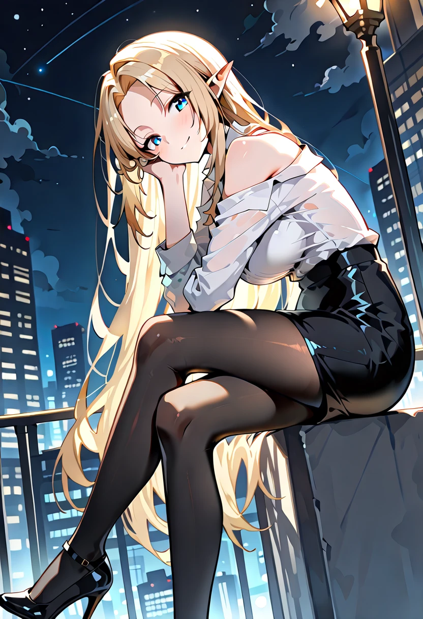 Young and beautiful Kathryn Newton, Glasses, White dress shirt, Very deep neckline, Black Mini Dress, Dark pantyhose, Surreal, 14 years old, Model figure, Large Breasts, Beautiful breasts, Big Ass, Long hair, Ponytail, Blonde hair, Long legs, 8K, futuristic city, Cherry blossoms, sunrise, LED lighting, Anime style, (((Cleavage))),((Leaning against the wall,Sideways posture))