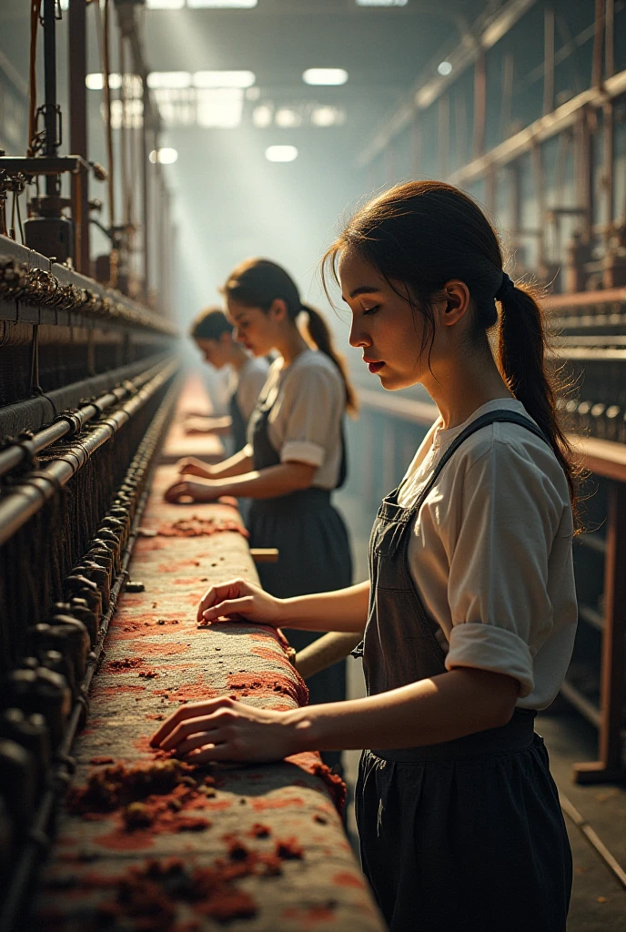 A group of girls working in the match factory in uniforms and with respect to tiredness