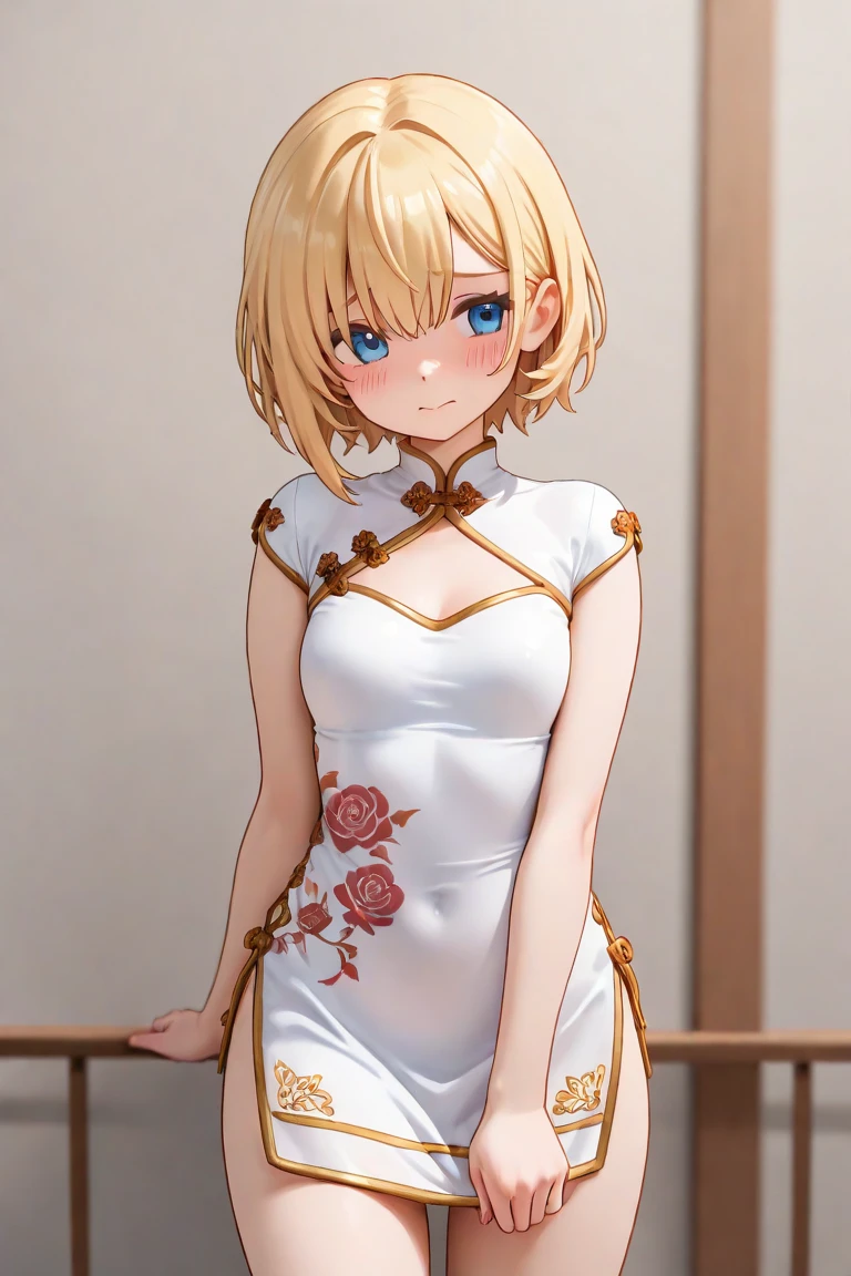 (masterpiece,highest quality,超A high resolution),japanese woman,1 girl, (((Very beautiful 18 year old girl))), pretty girl、look at the photographer、 ((beautiful blonde bob hair)), super cute face, glossy lips, double eyelids in both eyes, blue eyes, natural smile、 natural makeup, long eyelashes, Shiny and smooth hair、center image, perfect limbs, perfect anatomy,(((white China dress)))、((See-through)),((wet with sweat)),