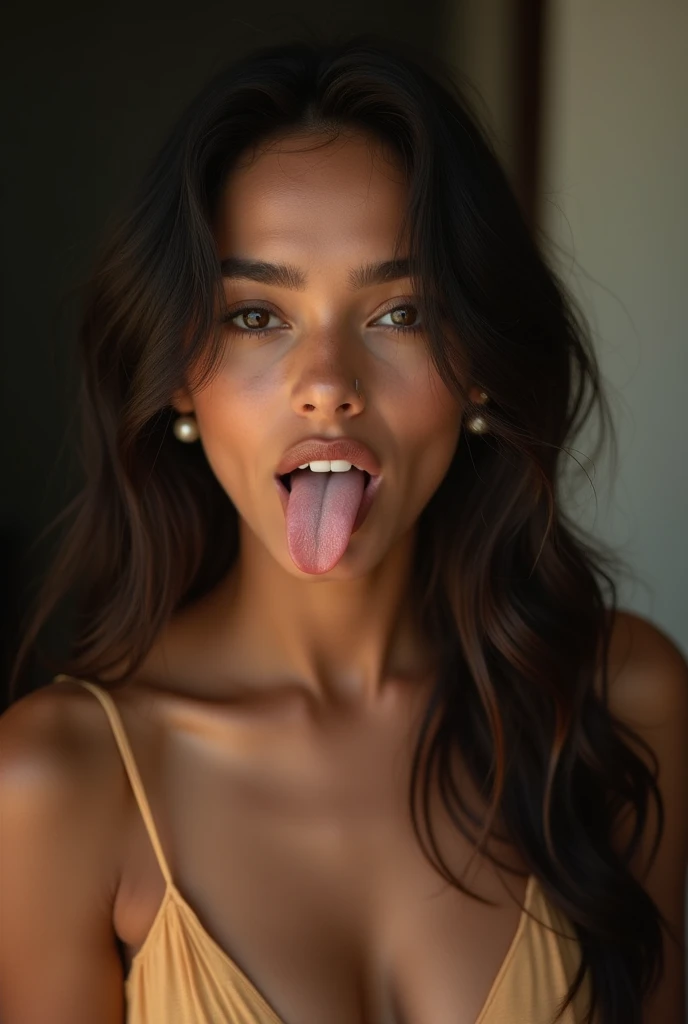 sexy black hair girl whit huge breasts sticks tongue out