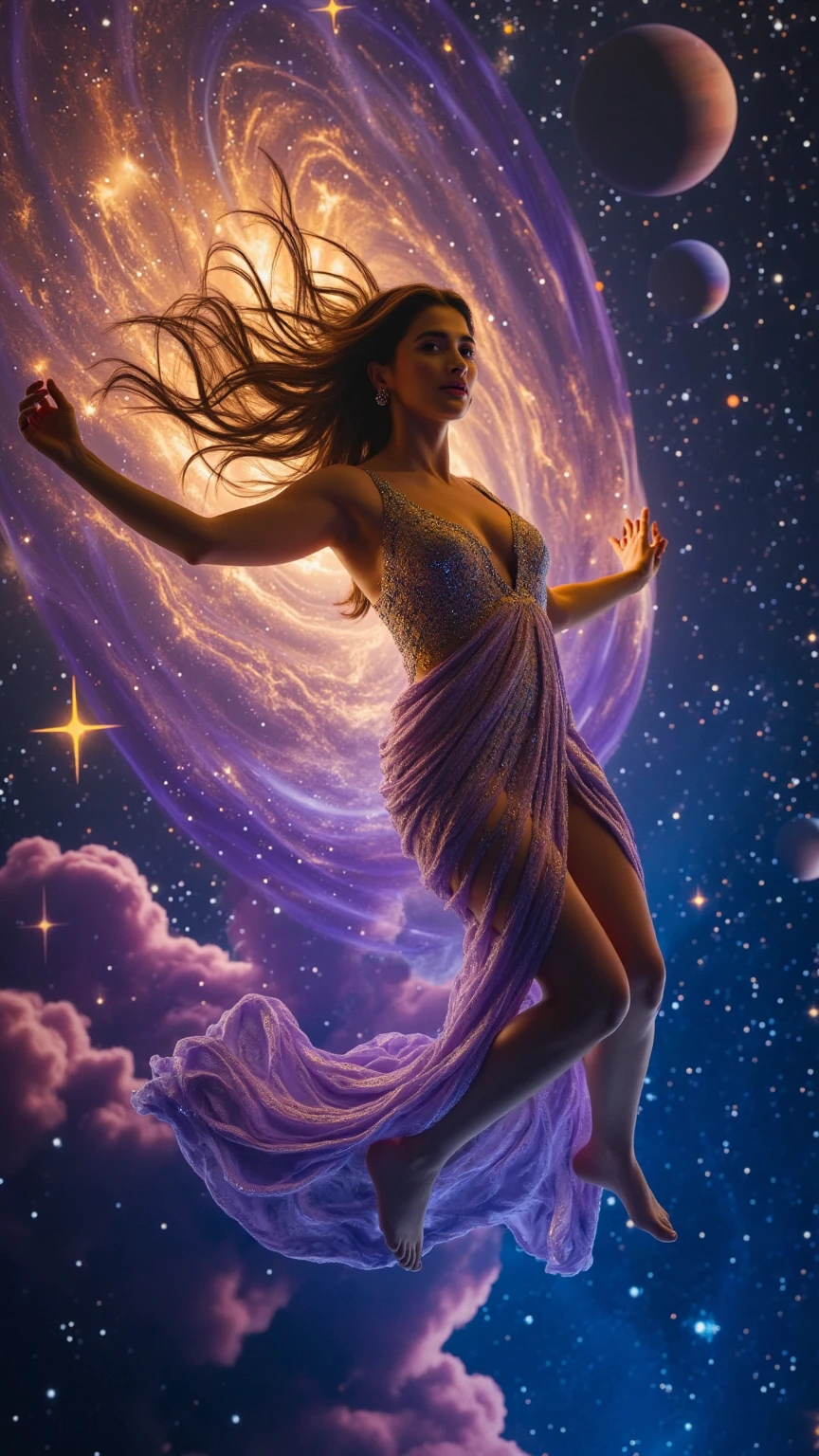 A beautiful woman with a lovely aura swinging in space