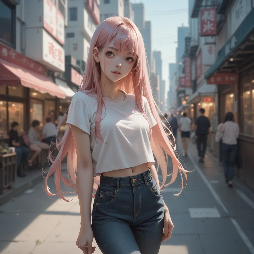 one-girl,(grown woman:16.18),white short sleeve,(Pink Long Hair:1.2),dual horsetail,Take this phone,No pants,(鎖骨:1.1),Pigeon Circle,(chest circumference:1.3),Lovely atmosphere