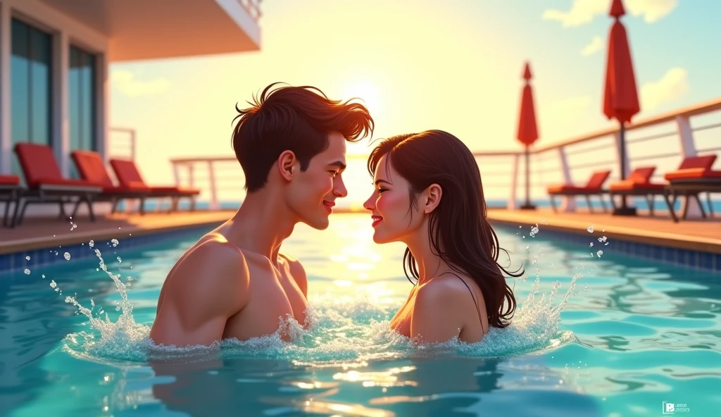 Handsome man and pretty woman on a date at the pool　A crowded pool　whole body　Highest quality, Face Focus, Soft Light, Ultra-high resolution, (Realistic:1.4), RAW Photos