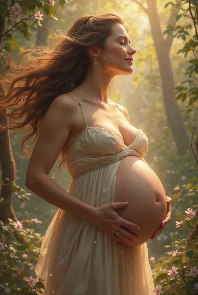 Creates the image of a pregnant woman and a man with red hair, put them in separate places