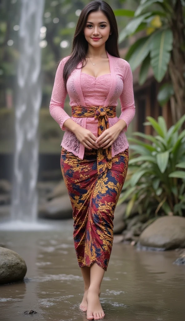 1 Indonesian-belgium girl, 22 years old, updo hairstyle, green cupper hair colour, fit body, big breast, cleavage, skintight purple lace kebaya, batik long skirt, masterpiece, highly detailed, ultra hd, 8k, detailed face, bright eyes, perfect eyes, detailed skin texture, detailed lips, sexy lips, perfect hands, dynamic angle, cowboy shot, background: balinese temple
