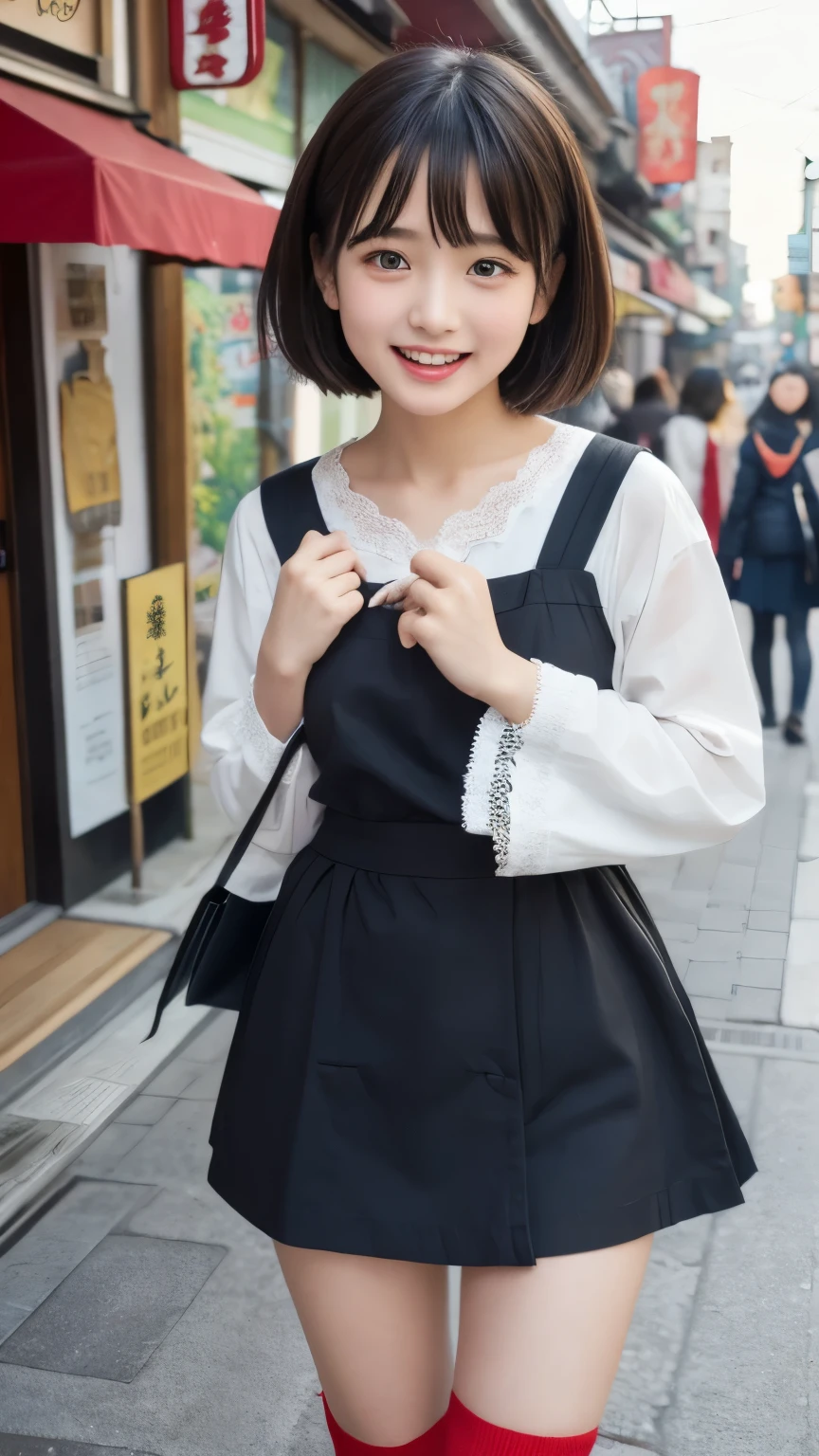 ((Top Quality)), ((masterpiece)), realistic images、Japanese Girl、 realistic image of the eye area 、Petite、 ish expression、、10age、bob hair、 black hair、 Slim、My bust isn't swollen、 ish expression、Real Face、Petite、ta fashion clothes、lace socks、Red Shoes、I'm walking looking at the shops in the hot spring district、Bustling shopping street、They make manju、Stores that sell souvenirs,I'm walking very happy、is laughing with their mouths open、is sticking out her tongue、