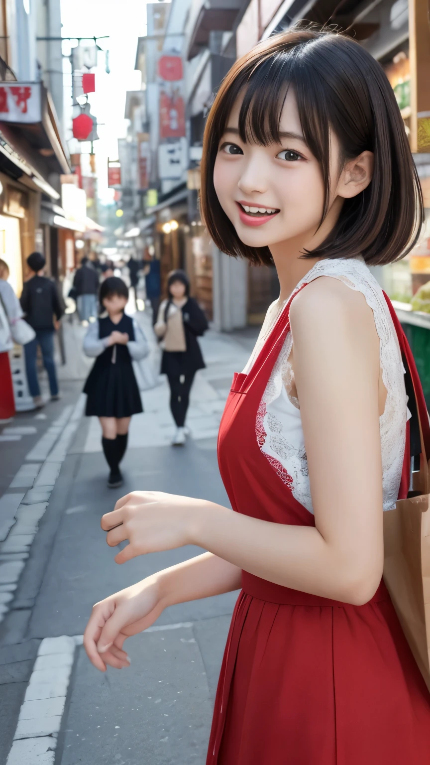((Top Quality)), ((masterpiece)), realistic images、Japanese Girl、 realistic image of the eye area 、Petite、 ish expression、、10age、bob hair、 black hair、 Slim、My bust isn't swollen、 ish expression、Real Face、Petite、ta fashion clothes、lace socks、Red Shoes、I'm walking looking at the shops in the hot spring district、Bustling shopping street、They make manju、Stores that sell souvenirs,I'm walking very happy、is laughing with their mouths open、is sticking out her tongue、