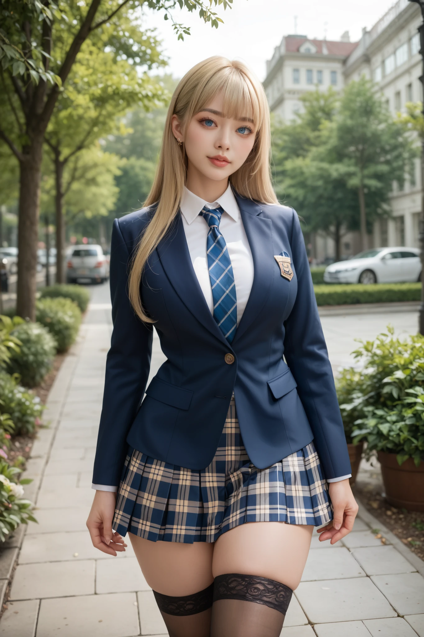 Score_9, Score_8_up, Score_7_up, Score_6_up, Score_5_up, Score_4_up, Source_anime, Tag1, Tag2, Quality_masterpiece, Anatomically correct, 20 year old girl, realism, Beautiful face, Perfect face, Highly detailed beautiful face and eyes, Attractive face, Detailed face, Delicate facial features, Detailed skin, perfect eyes, big breasts, big ass, thin waist, thick thighs, Eyelashes, blue eyes, blonde long hair with bangs :1.1, seductive face, (Blazer uniform brown), (school shirt), (plaid skirt), (tie black), thigh high, stockings, skindentation, standing, dynamic pose, in a park with trees, sunny day