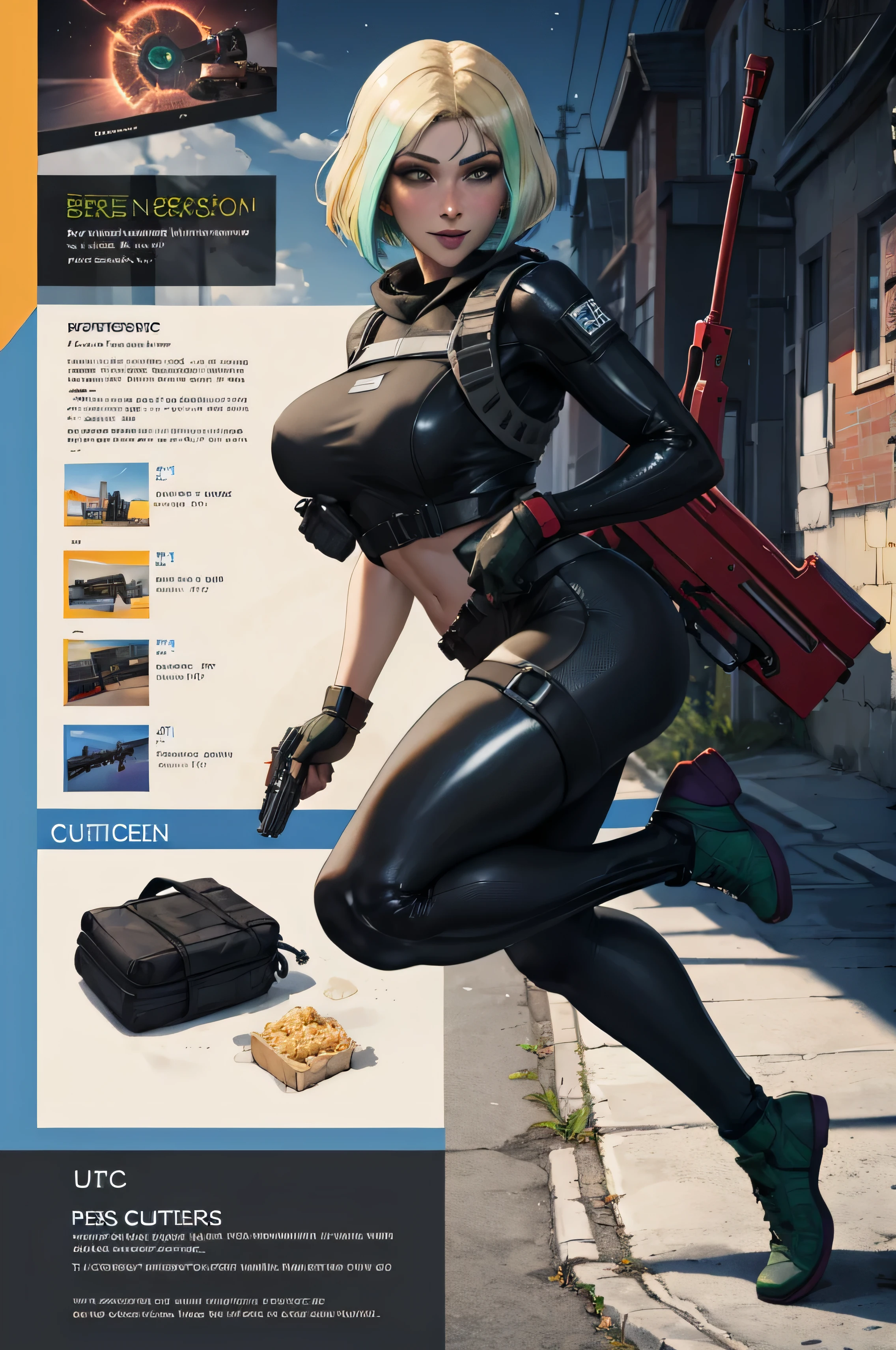 (8k, RAW image, best quality, masterpiece:1.2), (really, photo-really:1.37), ( full body :1.3) ( detailed ), (highres), ultra really, hyperreally, is a highly detailed RAW color photo of a 20-year-old .operator, young man female,pretty face, (high  detailed  face),looks at the viewer, pretty face, young man,  detailed  hair ,rend, perfect breast,professional lighting, light-mapping, Radioactivity, physics-based rendering, ultra- detailed , extremely  detailed , beautiful  detailed  girl, extremely  detailed  eyes and face, cinematic lighting,  Perfect toes , perfect hands, Perfect legs, cinematic lighting, fine details, really skin, body suit, Factor,Factor suit, one girl,outdoor pants,  Next to a police car ,( huge breasts ), An evaporated body,  blonde hair , ( shiny skin ),( smiling :1.1),  blush, torogao,  orgasm , Embarrassing, drunk, Naughty face , handcuffs,latex, The skin, has ,weapon, gun,Familiar,  black dress , belt,  black gloves  ,,_(Rainbow_six_siege), masterpiece, best quality, one girl, Alone, Green hair, really,   short hair , (insanely  detailed , beautiful  detailed  face, beautiful  detailed  eyes, masterpiece, best quality)
