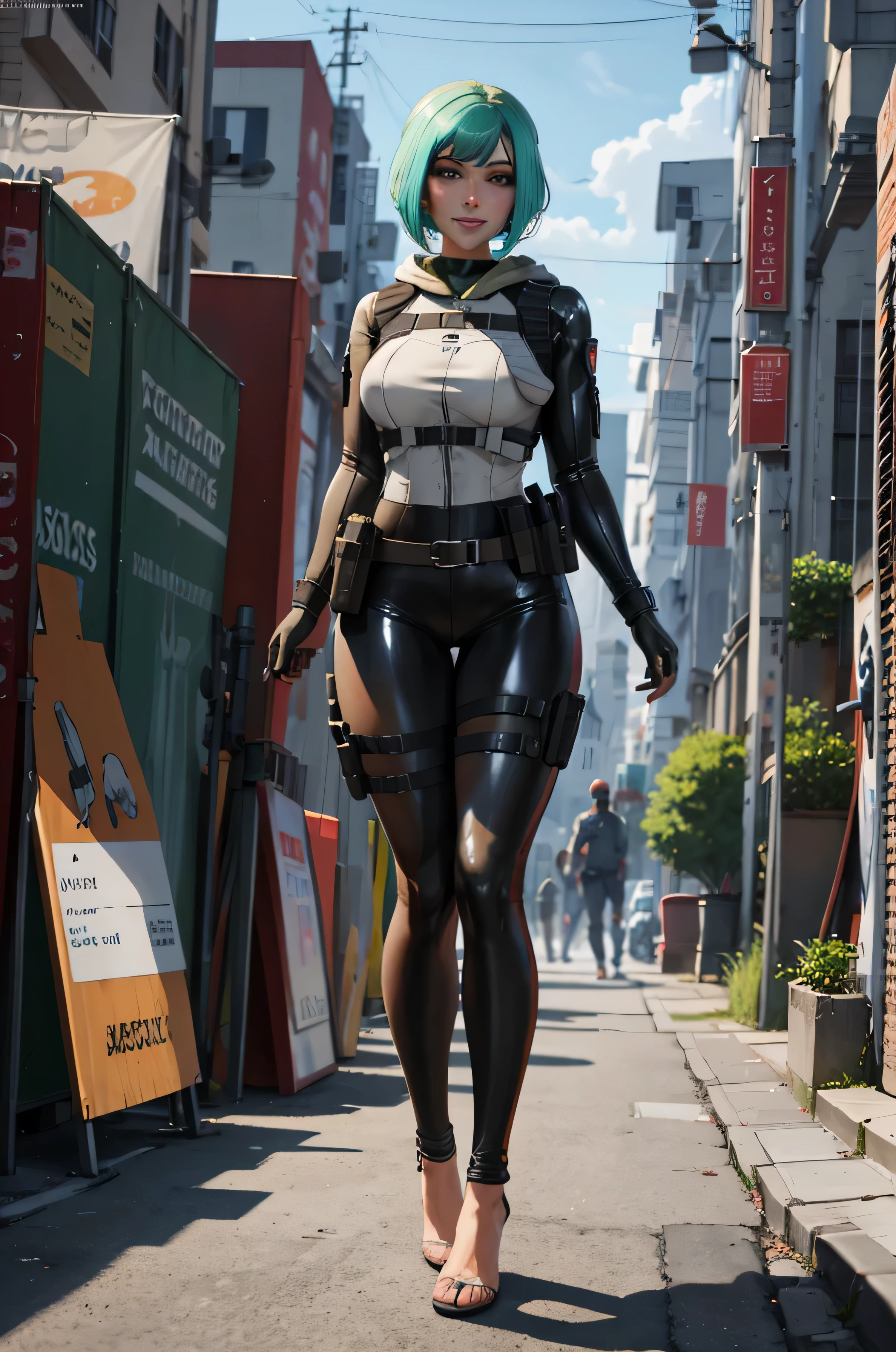 (8k, RAW image, best quality, masterpiece:1.2), (really, photo-really:1.37), ( full body :1.3) ( detailed ), (highres), ultra really, hyperreally, is a highly detailed RAW color photo of a 20-year-old .operator, young man female,pretty face, (high detailed face),looks at the viewer, pretty face, young man, detailed hair ,rend, perfect breast,professional lighting, light-mapping, Radioactivity, physics-based rendering, ultra- detailed , extremely detailed , beautiful detailed girl, extremely detailed eyes and face, cinematic lighting, Perfect toes , perfect hands, Perfect legs, cinematic lighting, fine details, really skin, body suit, Factor,Factor suit, one girl,outdoor pants, Next to a police car ,( huge breasts ), An evaporated body, blonde hair , ( shiny skin ),( smiling :1.1), blush, torogao, orgasm , Embarrassing, drunk, Naughty face , handcuffs,latex, The skin, has ,weapon, gun,Familiar, black dress , belt, black gloves ,,_(Rainbow_six_siege), masterpiece, best quality, one girl, Alone, Green hair, really, short hair , (insanely detailed , beautiful detailed face, beautiful detailed eyes, masterpiece, best quality)
