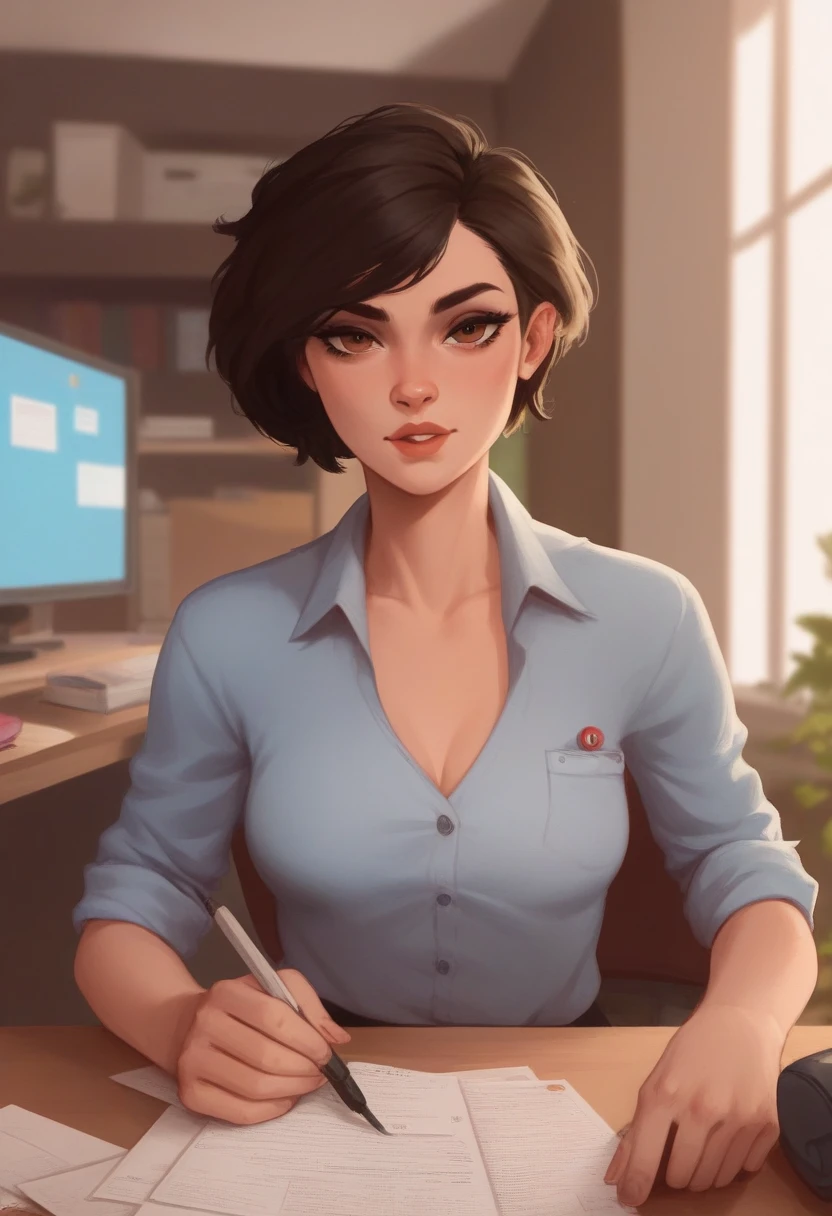 Female busty business woman, short brown bob cut, wearing makeup, wearing business outfit, sexy, cute, full lips, wearing lipstick