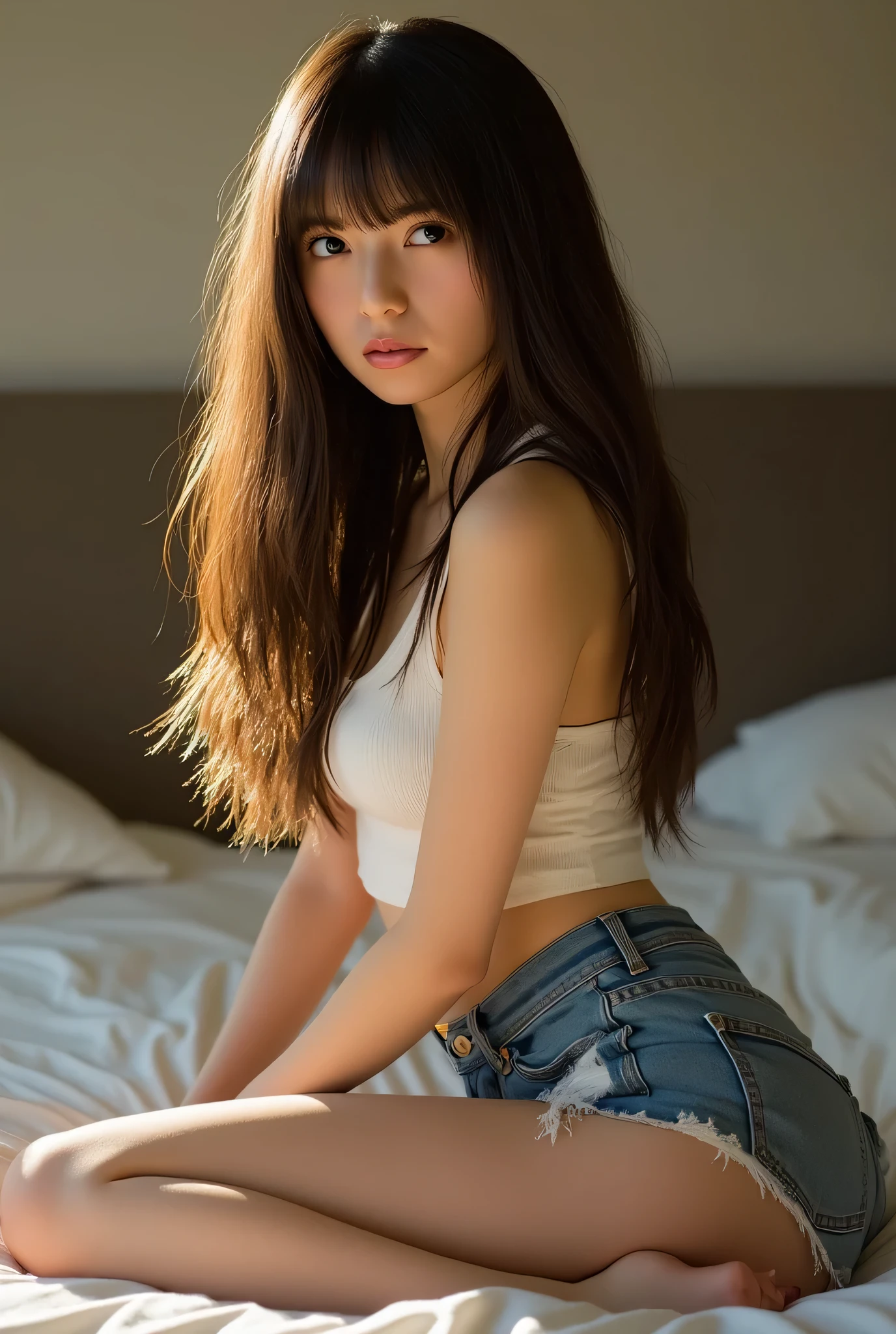 Relaxing in a room, 20 years old ((with bangs, dark brown hair, medium long hair)), she has a hot hourglass body with huge tots and bubble butt, (she is looking at the camera), black eyes, (blonde long hair), realistic and detailed face, beautiful woman, , detailed face, masterpiece, style, Ultra detailed and realistic 8K beautiful model, long hair, hourglass body, athletic body, (((she is wearing micro denim distressed shorts and ivory white sleeveless shirt))), (sexy), photorealistic.