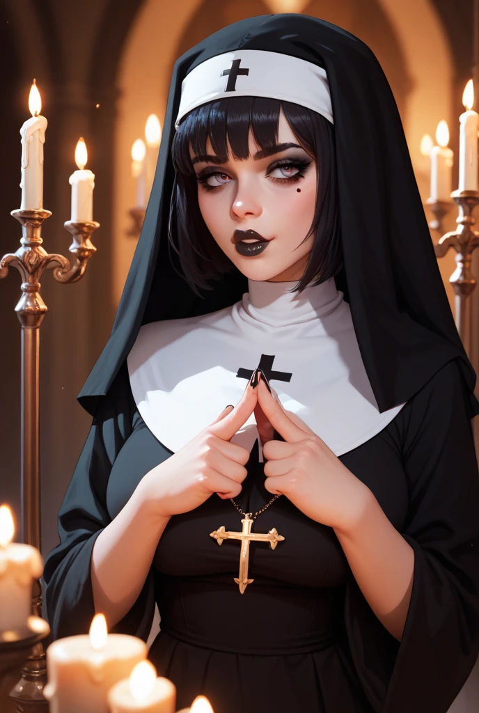 masterpiece, best quality, (undead evil nun:1.3), elegant, 1 undead evil demoness, cute, blushed, looking at viewer, from above, (blood in open mouth:1.3), open panties under the mini skirt, white and black striped T-shirt, wet T-shirt, blue eyes, beautiful eyes, inferno in background, light particles, dramatic lighting, inferno, realistic, best quality, ultra-detailed, scenery, beautiful detailed eyes, detailed hair on the tiny breasts, demons, evil spirits