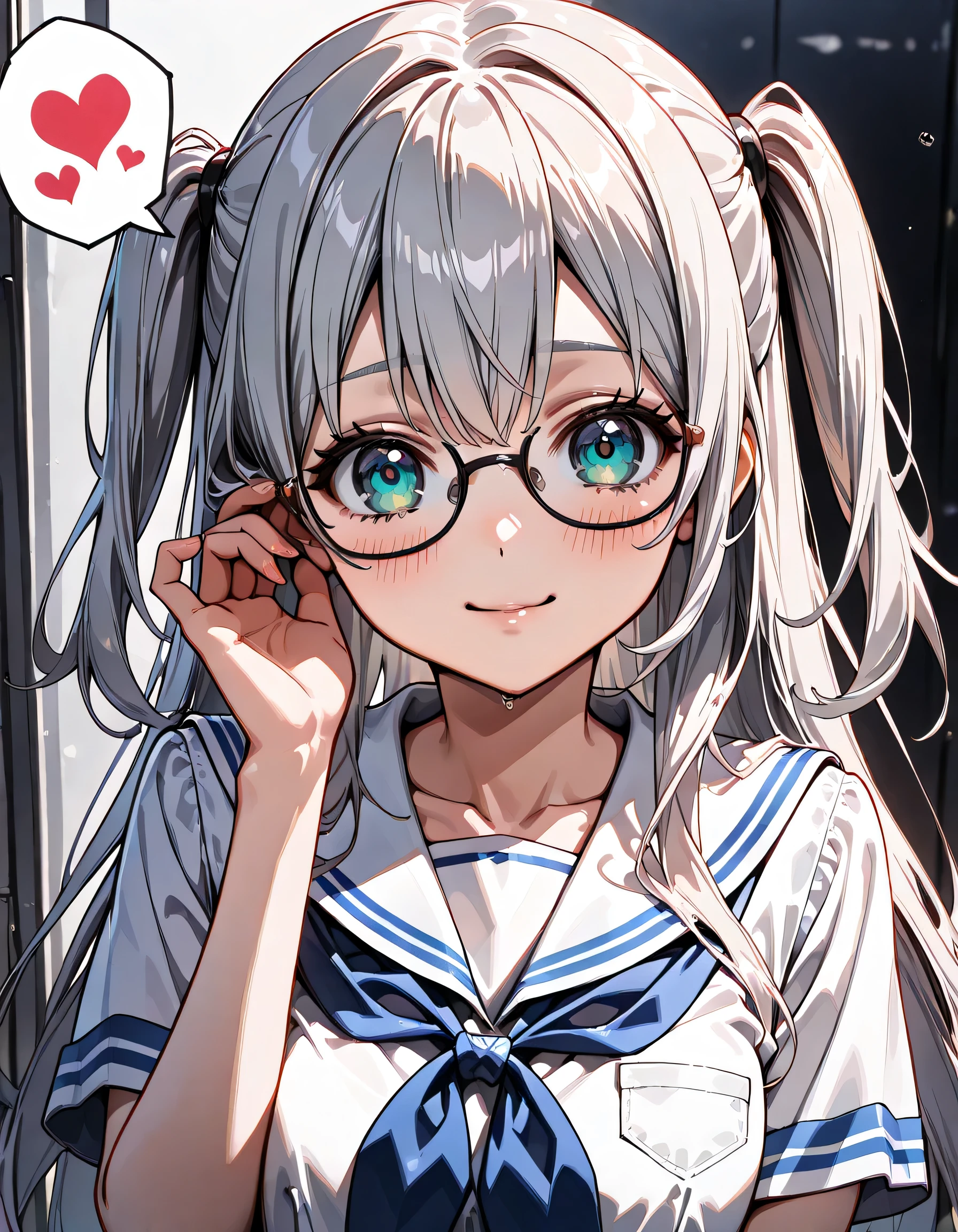 ((ultra-detailed)), (highly detailed CG illustration), (best quality:1.2), ultra-highly detailed, colorful composition, artistic photoshoot, 1girl, solo focus, ((upper body:1.4)), moe anime character, 20 years old girl, dainty facial structure, (), (round face), ((rounded chin:1.2)), celia-default, celia claire, blue eyes, ((wearing glasses:1.4)), round eyewear, ((silver hair color)), ((two side up hair)), ample breasts, school uniform, sailor suit, traditional Japanese style with navy blue and white colors, :q, licking lips, one eye closed, ((blush:1.4)), ((looking viewer)), ((spoken Heart:1.4)), ((blue splash background)), from front, best quality, masterpiece, expecting, pink cheek, blush, light pink gloss slip, portrait, depth of field, soft lighting, sidelighting, (shine), lighting, caustics, ray tracing, perfect face, lustrous skin, highly detailed face, highly detailed eyes, perfect face, perfect nose, perfect hair, perfect eyes, perfect anatomy, beautiful hair, beautiful small face, extremely detailed face, beautiful detailed eyes, beautiful clavicle, beautiful body, beautiful ample breasts, leavage, breasts squeezed together, equalize the size of the left and right breasts, beautiful thin thighs, beautiful legs, beautiful fingers, 4 fingers, 1 thumb, lovely, (very detailed background:1.0), (highly detailed background:1.0), spring aesthetic, intricate details, joyful atmosphere, spring colors palette, chromatic aberration