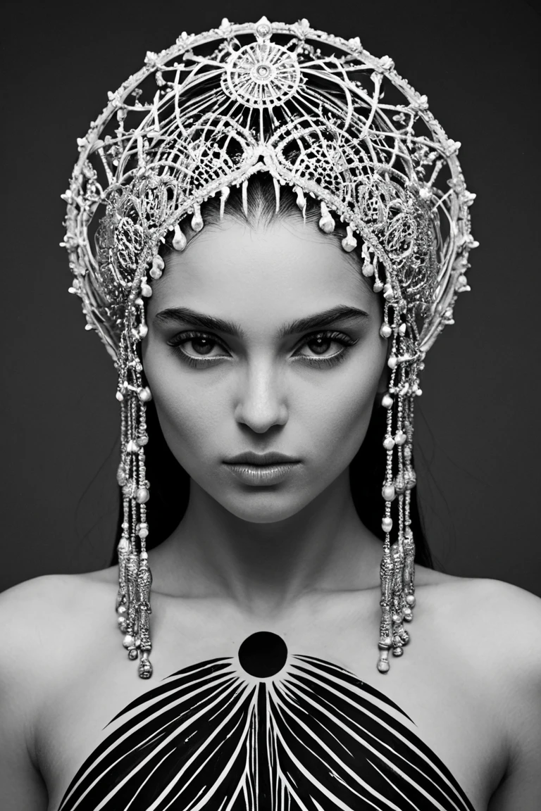 realistic portrait of an extremely beautiful Brazilian woman, smiling, wearing a tight black Scuba Crepe 3/4 Sleeve Split V-Neck Sheath Dress, wearing a choker, detailed facial features, piercing eyes, wearing a headdress, elegant long eyelashes, beautiful lips, delicate nose, intricate jewelry, dramatic lighting, highly detailed, photorealistic, 8k, cinematic composition, dramatic pose, masterpiece