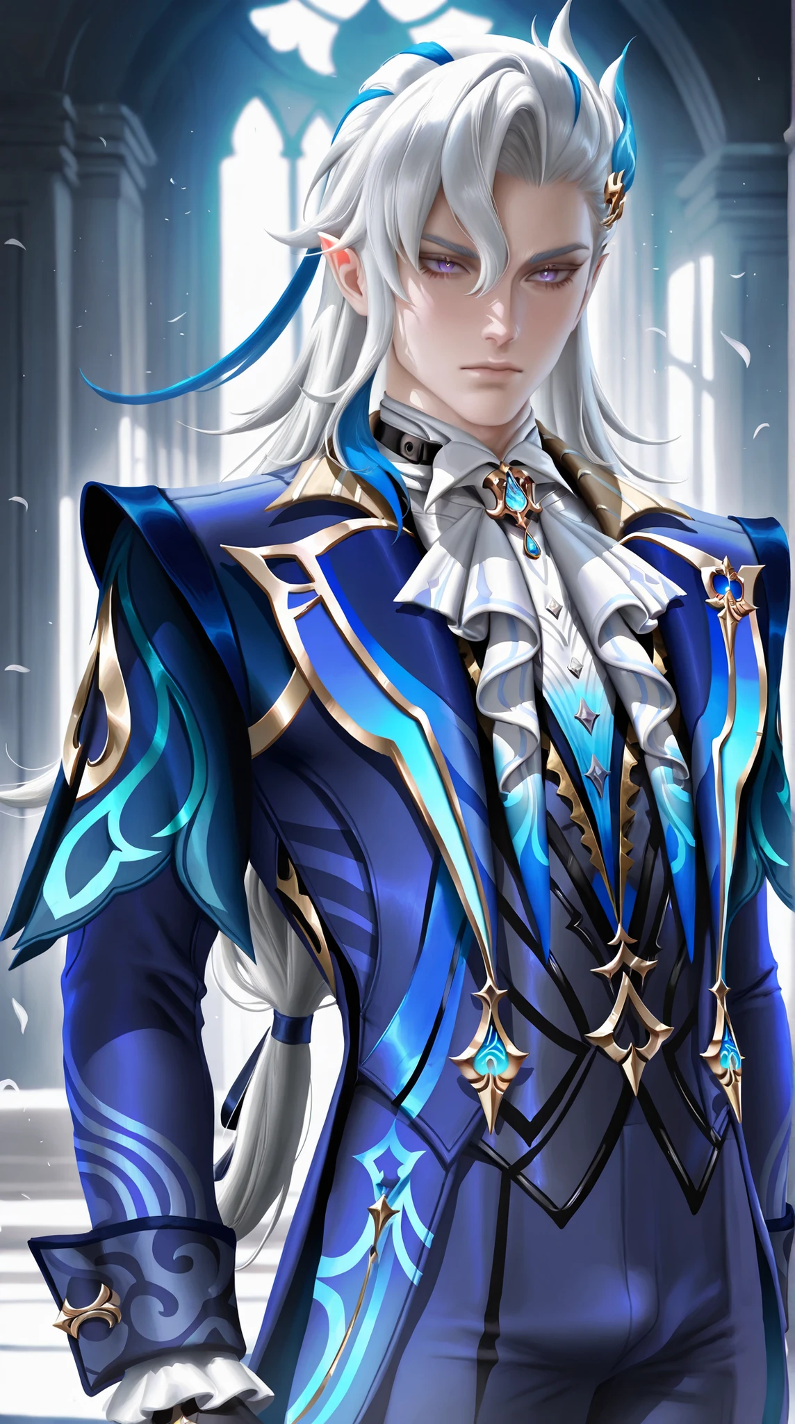 (Sakimichan:0.7), 1boy,male, Neuvillette Genshin Impact, Long white hair with a single lock of blue underside, pale skin, purple-shaded slit eyes, wearing formal blue suit with varying accents of blue, aloof personality,semi-realism,masterpiece, best quality,absurdres