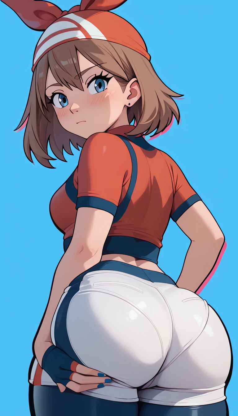 Girl, female, big ass, ass, thick thighs, blushing, blush, bedroom background, masterpiece, 4k quality, highest quality, best quality, grabing own ass, may spandex shorts