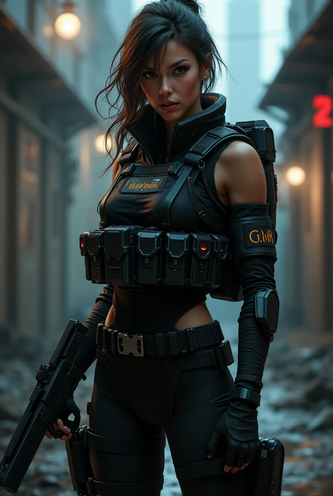 Photorealistic, high resolution, 1 woman, Solo, Hips up, view the viewer, (Detailed face), long hair, SWAT vests, jewelry, medium bust, battlefield outfit, silver outfit, bare stomach and shoulders, bare thigh, building background, walking,, back, ass