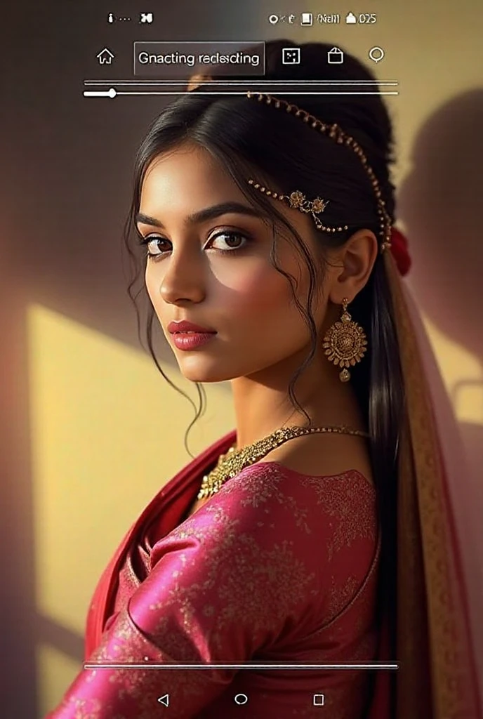 masterpiece, ancient indian architecture, underground palace, alleyway, 1girl, dark brown skin, beautiful indian wedding dress, beautiful face, looking at viewer, looking in camera, hazel eyes, smoked eyes, parted lips, pink lipstick, glossy lips, black hair, red hair streak, red diamond shaped bindi in forehead, nose pin,