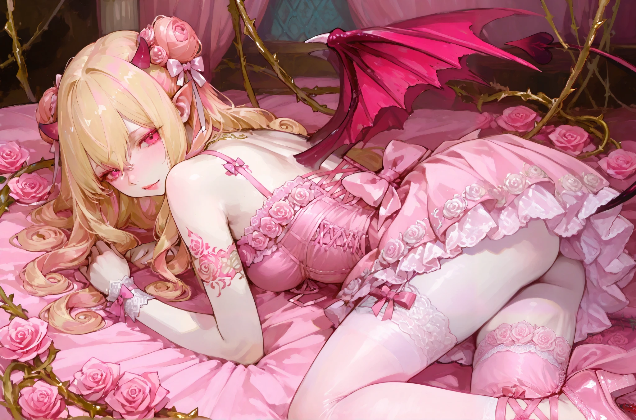 The   mature adult woman is a demonic entitie - succubus. she has light blonde curly hair gathered in one single hair-bun, some curls are escaping from her hairstyle. Her eyes are fuchsia pink with narrow pupil.  She has golden and pink tattoos of roses and demonic sigils of lust on her pale skin. She has pink/white sharp horns on her head , pink/white demon wings on her back, decorated with pink roses and golden spiked vines. She is wearing a pink Baroque styled mini dress with many pink roses ,  raffles, bows, laces. on her elegant legs dressed in stocking with a garters. She has a pink/white devilish pointy spiky demonic tail decorated with golden ornaments and pink roses. She wears pink shoes decorated with big bows and roses.   Around her is  bright Baroque room decorated by gold/marble vases with pink and White roses.