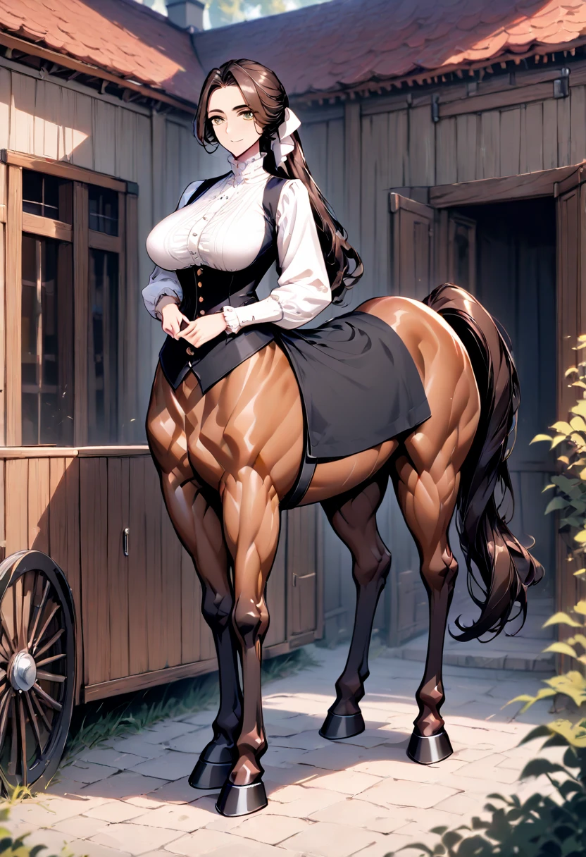 solo, female, sfw, medium shot, long wavy hair, brown hair, brown eyes, centaur girl, brown horse ears, huge breasts, scholar, modest clothes, autitorium, from the crotch up