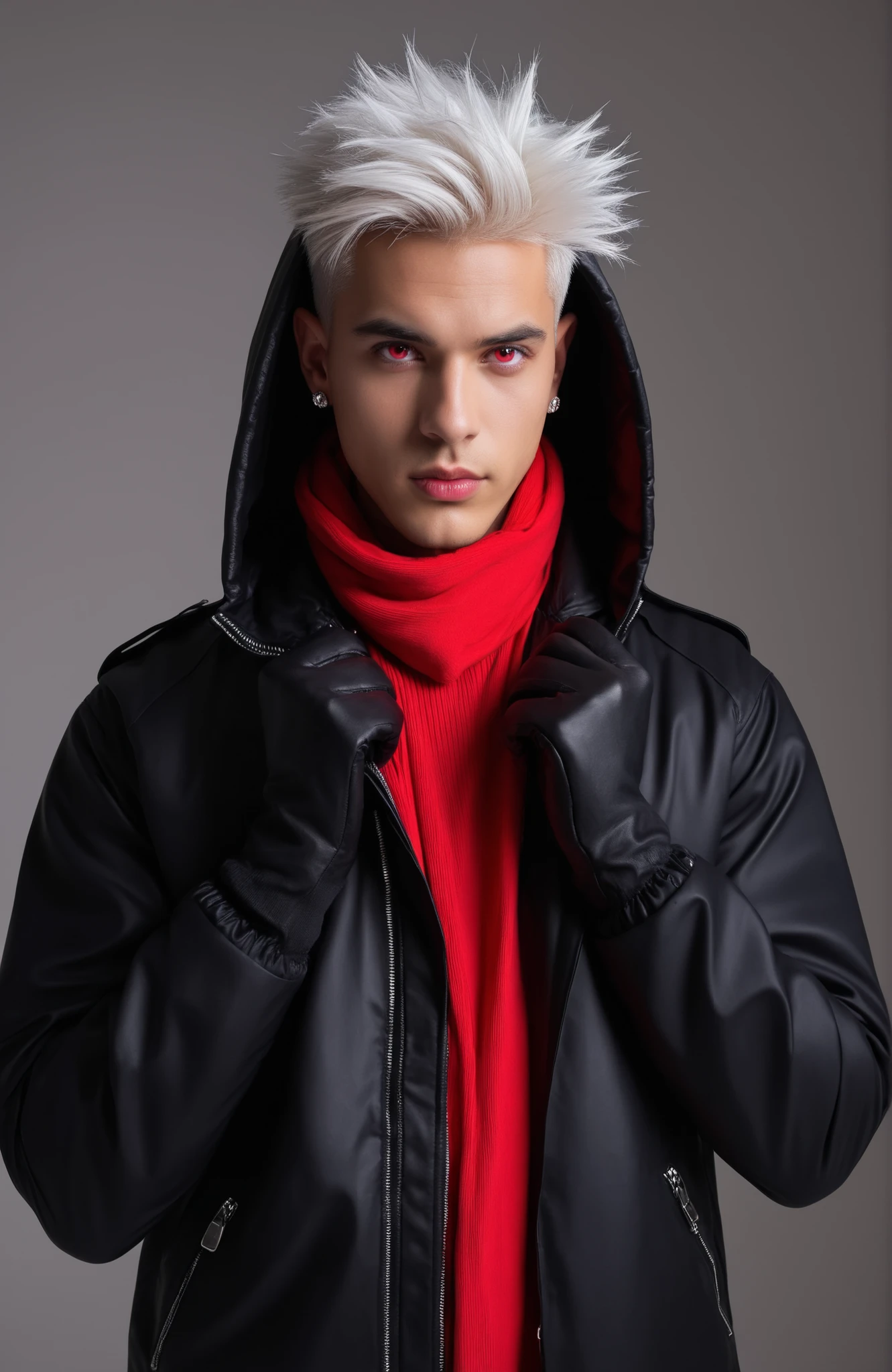 masterpiece, best quality, very aesthetic, absurdres, 1boy, short hair, single earring, red eyes, parted lips, glowing eyes, white hair, pink eyes, hand on own chin, popped collar, spiked hair, earrings, gloves, jacket, shirt, hood, scarf, zipper, looking at viewer, standing, glowing, coat, solo, hood down, open clothes, open jacket, male focus, upper body, simple background, white background, jewelry, black gloves, red coat, red jacket, black shirt, hand up, hooded jacket, red scarf, sleeve rolled up, zipper pull tab