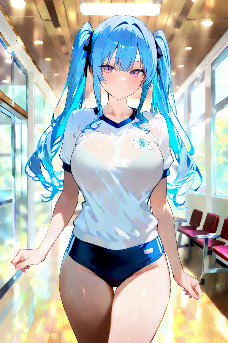 top-quality、Full limbs、complete fingers、1girl in、((one beautiful women、solo))、Beautiful naked Large Breasts、Long Hair、straight haired、light blue color hair、(White gym uniform that covers the upper body except breasts)、((blue high leg spats))、schools、School Grounds、school buildings、sports ground、Naughty Poses、A big smile