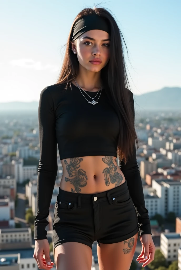 Tattooed goth girl in crowded mall, long  hair, very naughty and sexy wearing a transparent crop top and red panties.