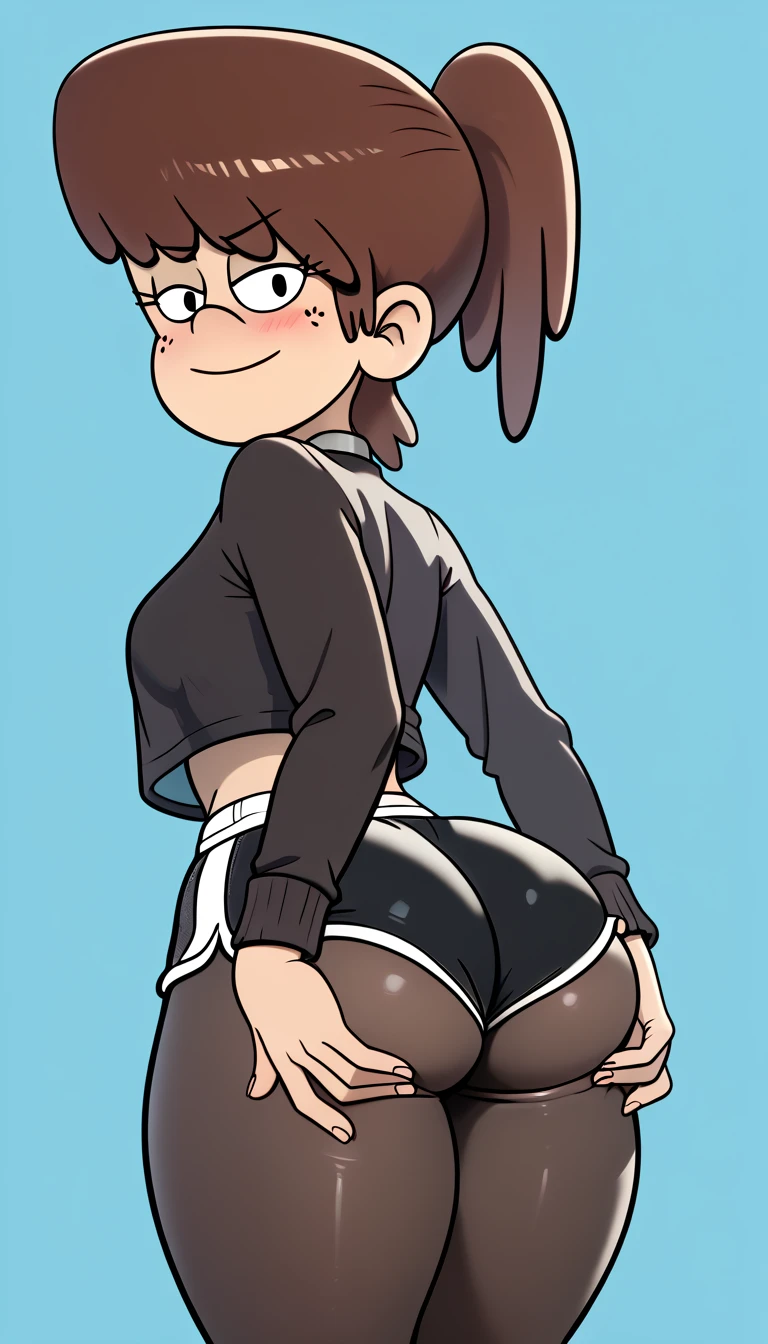 (masterpiece, best quality:1.3), Rizdraws, Thin Lineart, Soft Lineart, 1girl, solo, short straight black hair, black hair, bangs that go to the side down her face, large round glasses, over sized teal t-shirt, white skirt, pleated skirt, fishnet tights, dark skin, wide ass, panty shot, pink sparkly cotton panties, straight flat hair, park, sweaty ass, small smile, wind lift skirt