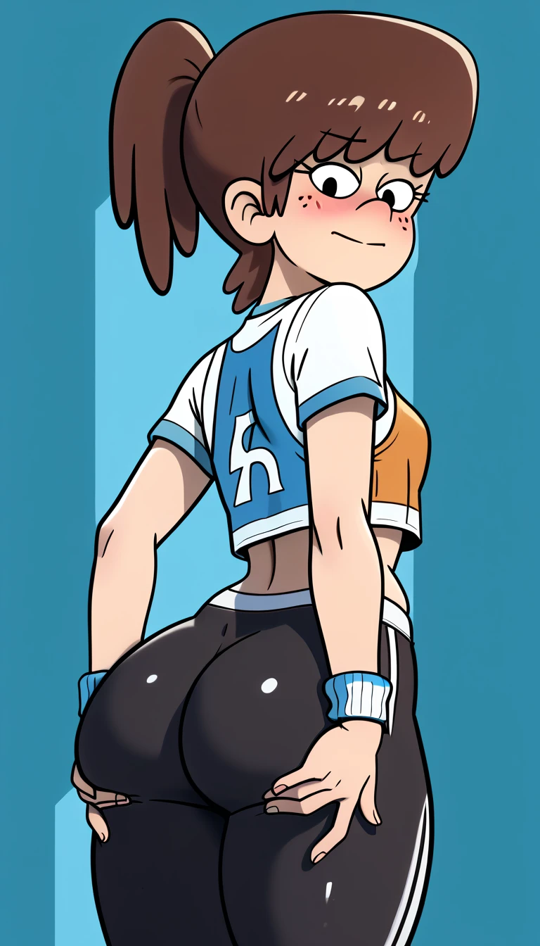 bonnie, 1girl, brown hair, solo, cheerleader, long hair, green eyes, midriff, smile, navel, bare shoulders, sleeveless, light smile,indoors, looking at viewer, ((skirt lift, pussy, exposed pussy, seen from below, dynamic angle, pussy juice)), score_9, score_8_up, score_7_up, score_6_up, score_5_up, score_4_up