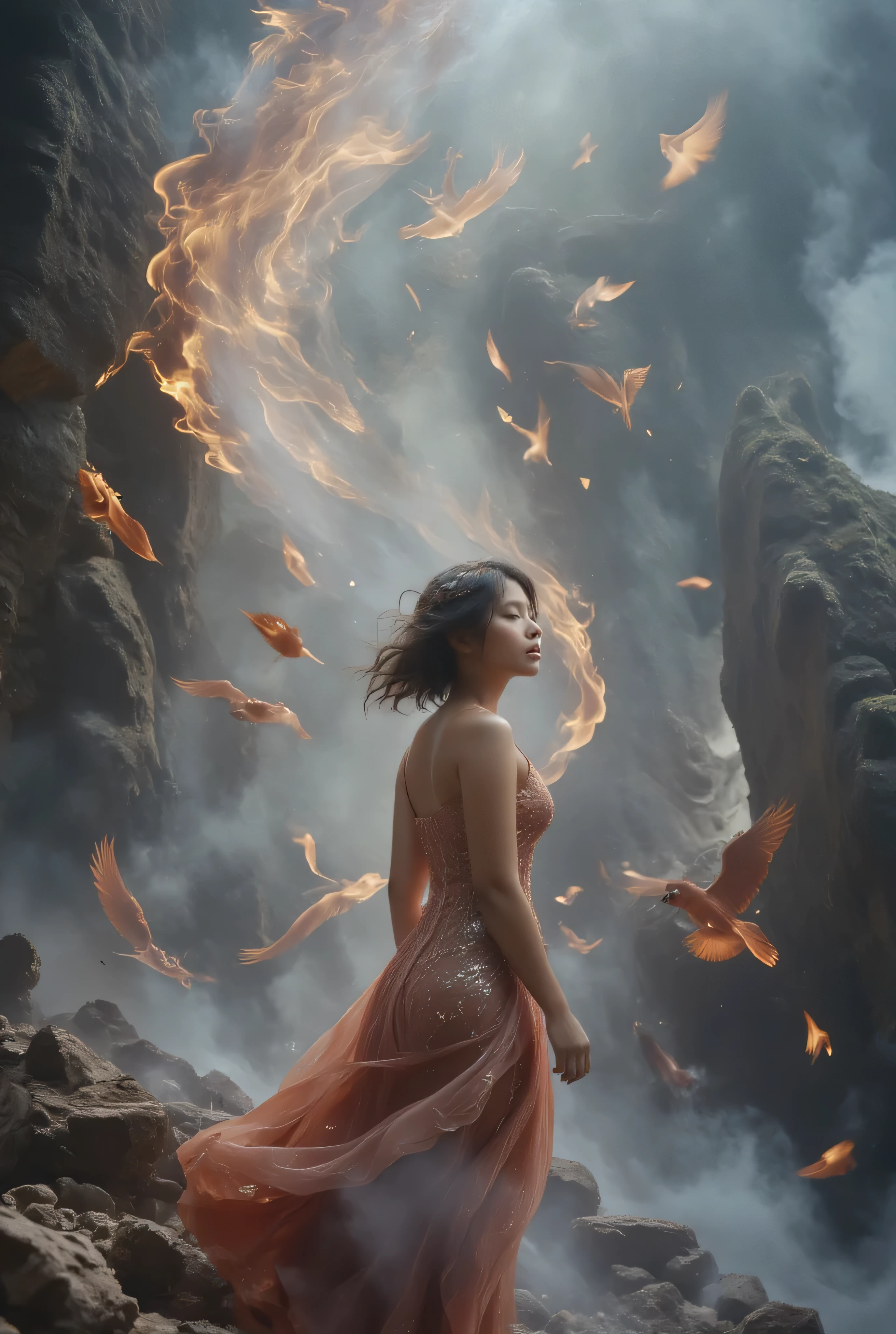 ((RAW photo),  absurd, (absurd resolution)), masterpiece, best quality, (Extremely detailed 8k unit CG wallpaper), (best illustration), ( best shade ), Realistic lighting, detailed and beautiful brightness, (( 21 years old)),  young girl, Juvenile happiness, happiness, looking at the sky, Millions of magic birds, (((Her photographic perspective)))